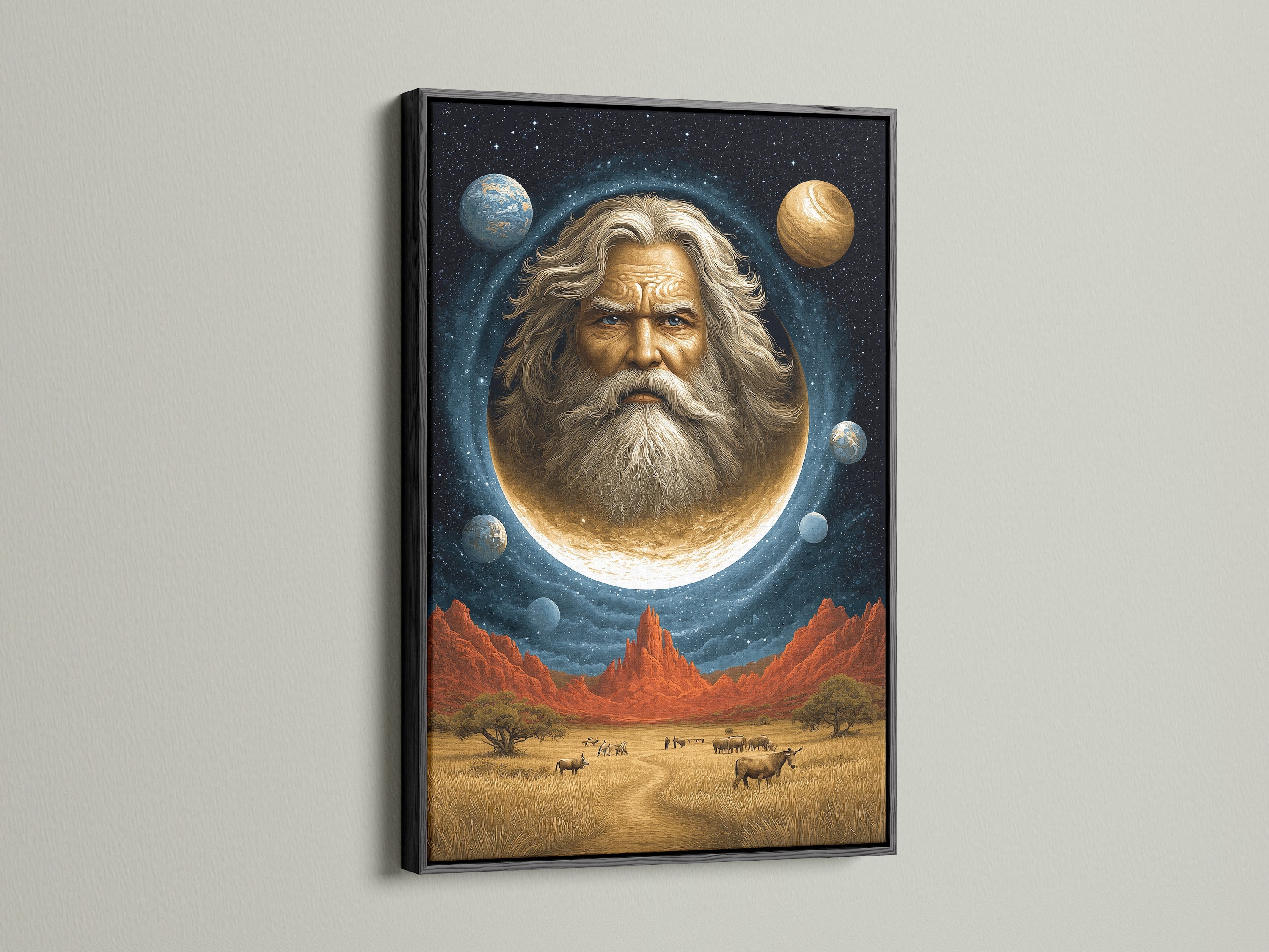 A celestial man in the moon is the focal point of this cosmic portrait wall art. The black frame enhances this surreal space canvas print. It brings mystical flair to any decor. A great choice for spiritual advisors and homeowners seeking distinctive art. Perfect for Living Rooms Offices Meditation Rooms studios lobbies and wellness centers.