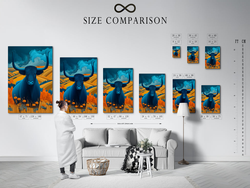 A size comparison chart shows the Majestic Bull artwork in an interior setting. This helps visualize how the piece will fit in different spaces. The teal and amber artwork complements various decor styles. Perfect for homeowners and interior designers.