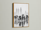 Elevate your decor with our gold framed London canvas print. This black and white cityscape art adds a luxurious touch. It's perfect for minimalist and monochrome art lovers. The rainy day scene captures the essence of London. A timeless piece