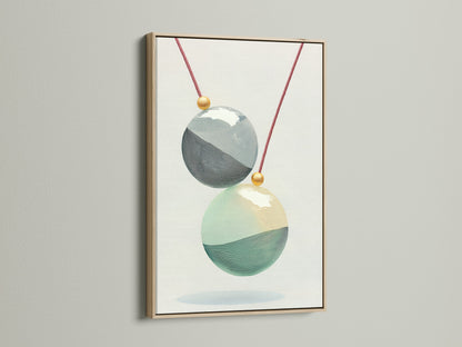 Geometric Spheres canvas print with an oak frame. This abstract wall art complements minimalist interiors. The sphere print features teal and gold accents. Its perfect for modern wall art and contemporary wall decor. Elevate your office wall decor today.