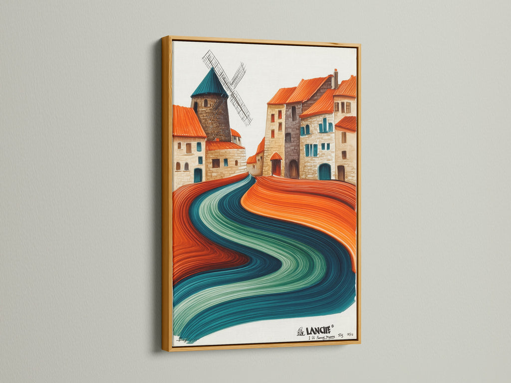 The whimsical village artwork is gloriously presented in a gold frame. The teal and terracotta hues create a vibrant abstract landscape. This unique canvas art adds a touch of luxury to your decor. A perfect housewarming gift for those who love European-inspired artwork.
