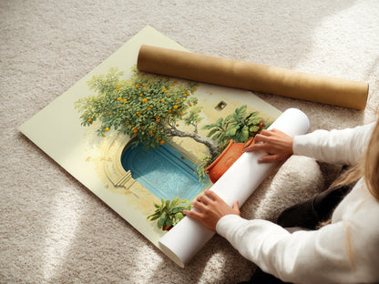 A woman is carefully rolling a fine art poster paper. The poster showcases Italian Lemon Tree artwork with a Tuscan doorway scene. This Mediterranean art is perfect for adding a touch of vintage charm to your kitchen wall art or any home decor project.