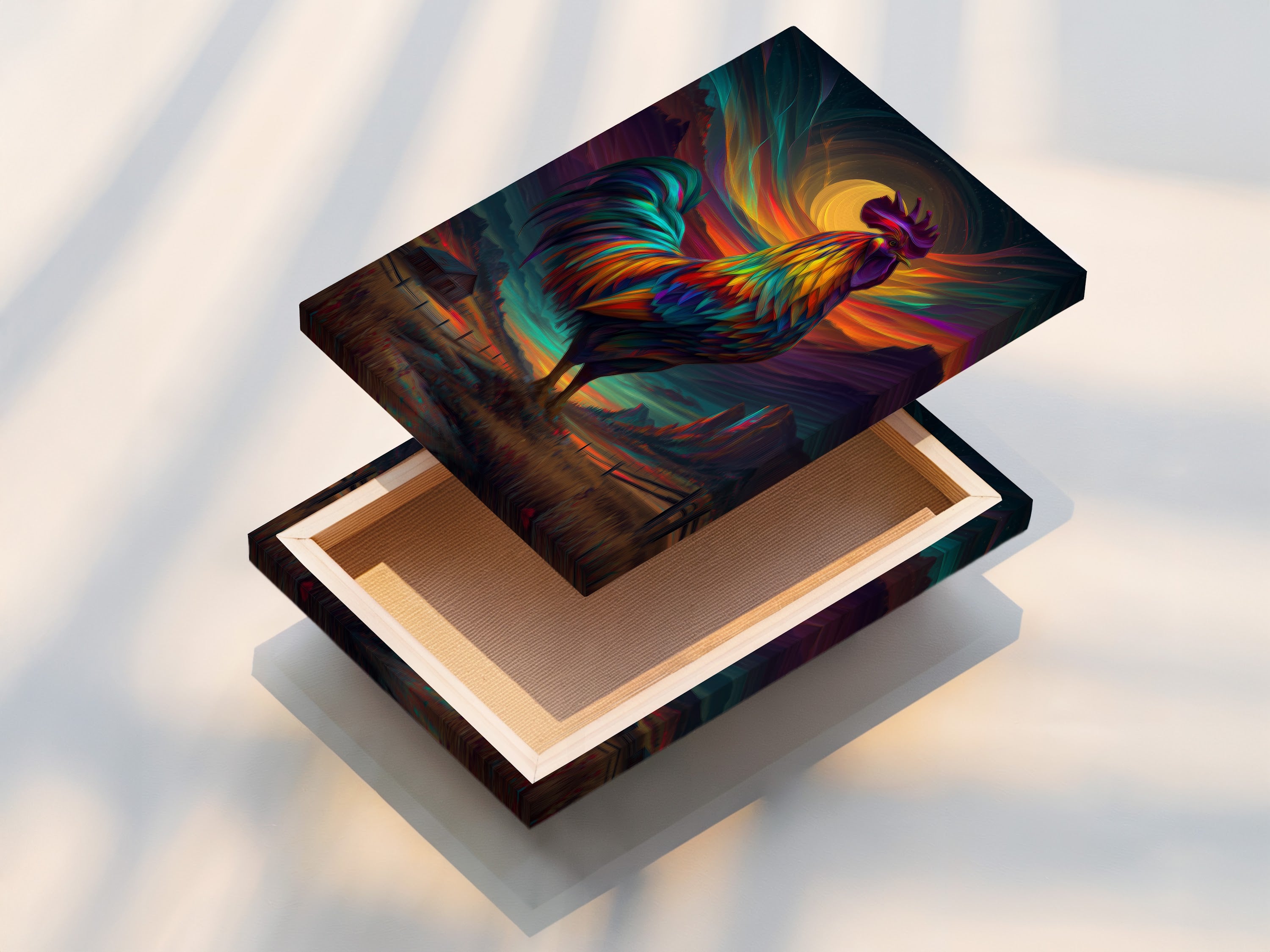 A stretched canvas print showcases the vibrant rooster artwork. The colors pop and the details are crisp. This farm animal print is ready to hang and enjoy. Perfect for adding a touch of country charm to your home or cafe with this unique piece.