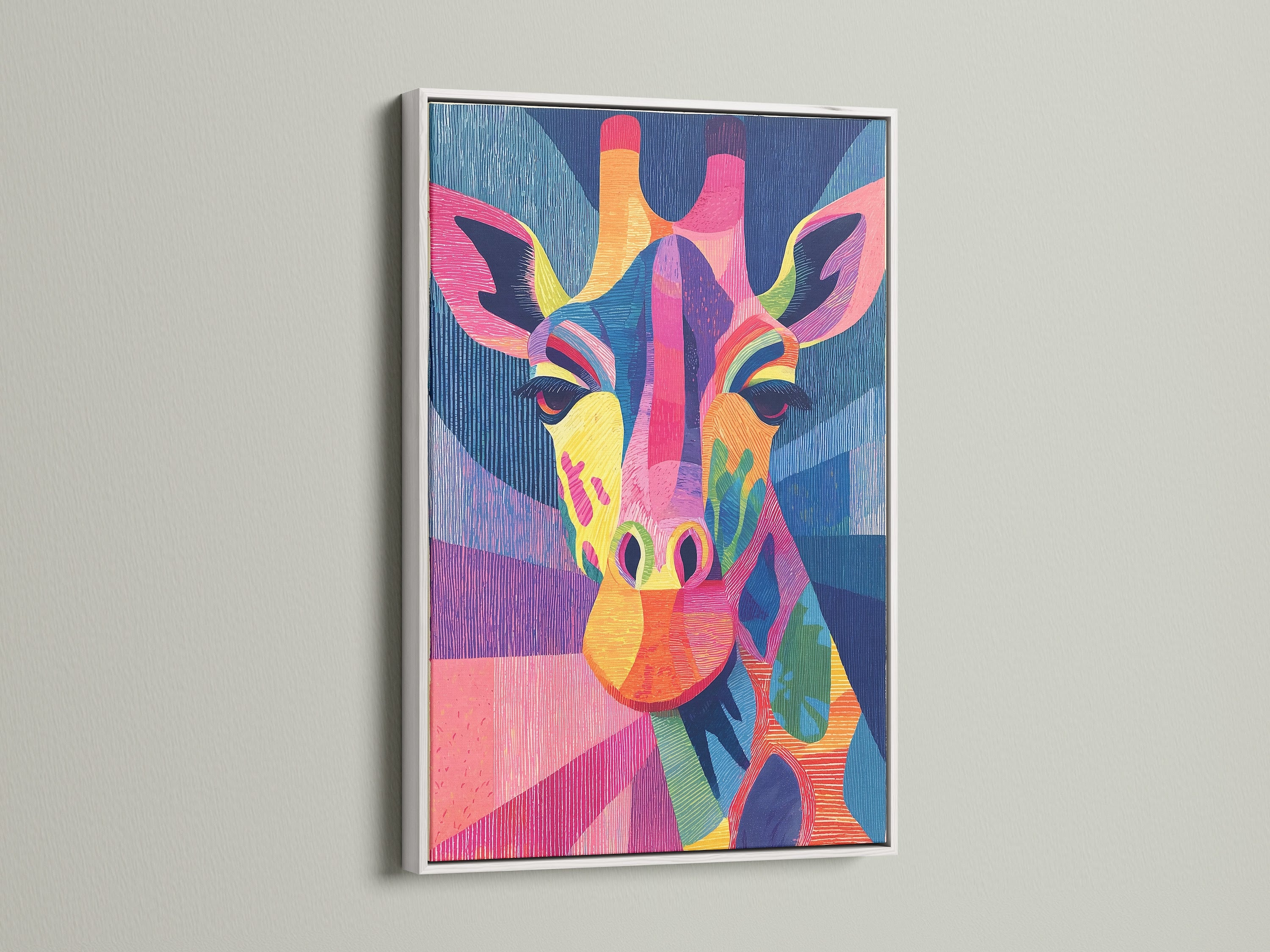 The safari wall art showcases a colorful giraffe in a white frame. The white frame makes the rainbow art pop. This vibrant giraffe artwork is a great addition to children wall art. It is perfect for a modern kids room or nursery decor.