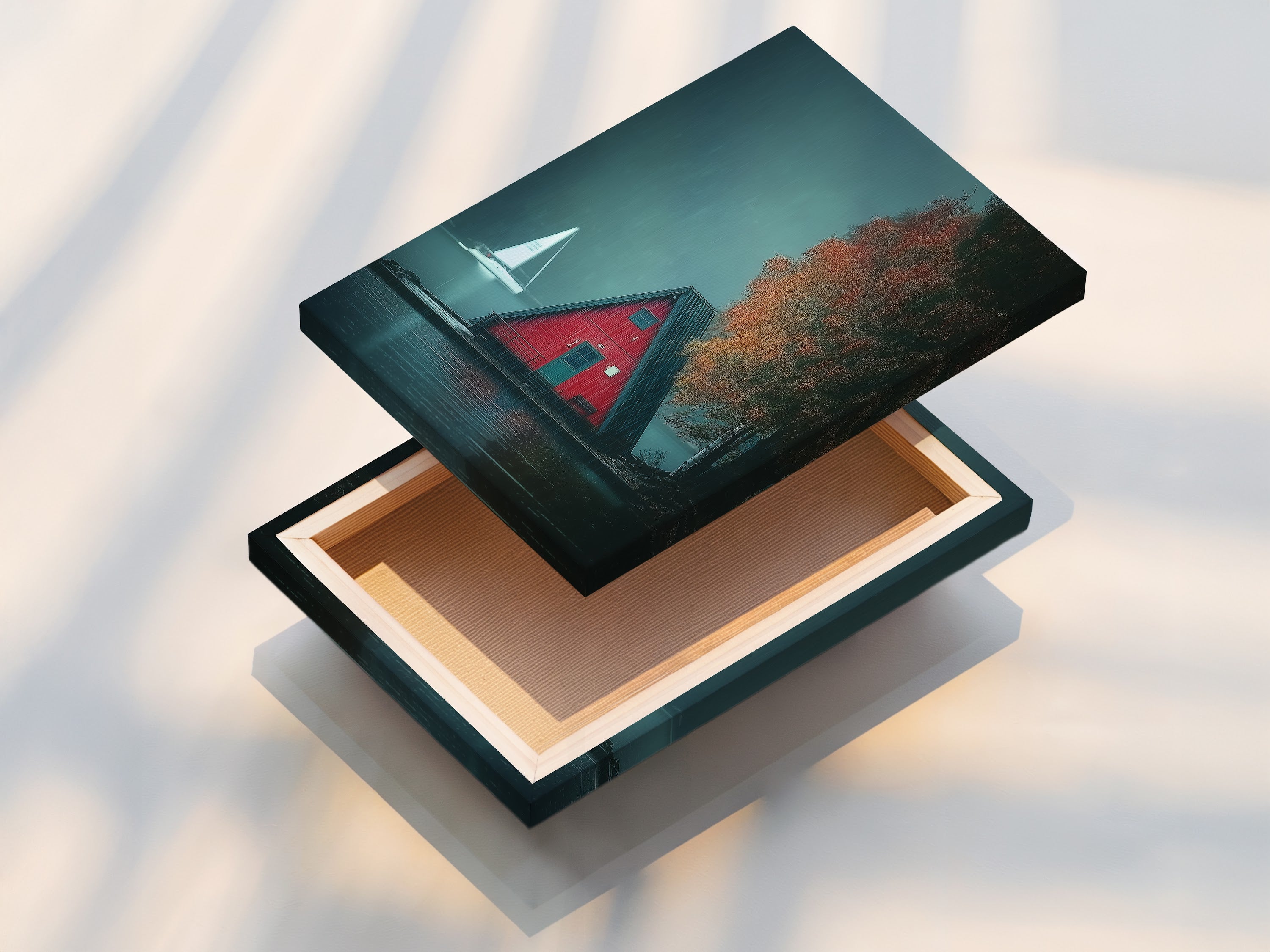 A stretched canvas print is displayed featuring the A-Frame Cabin artwork. The artwork showcases a moody lake landscape perfect for cottagecore decor. This stretched canvas is ready to hang. Ideal for adding a touch of nature and rustic charm to your living space. Great nature print.