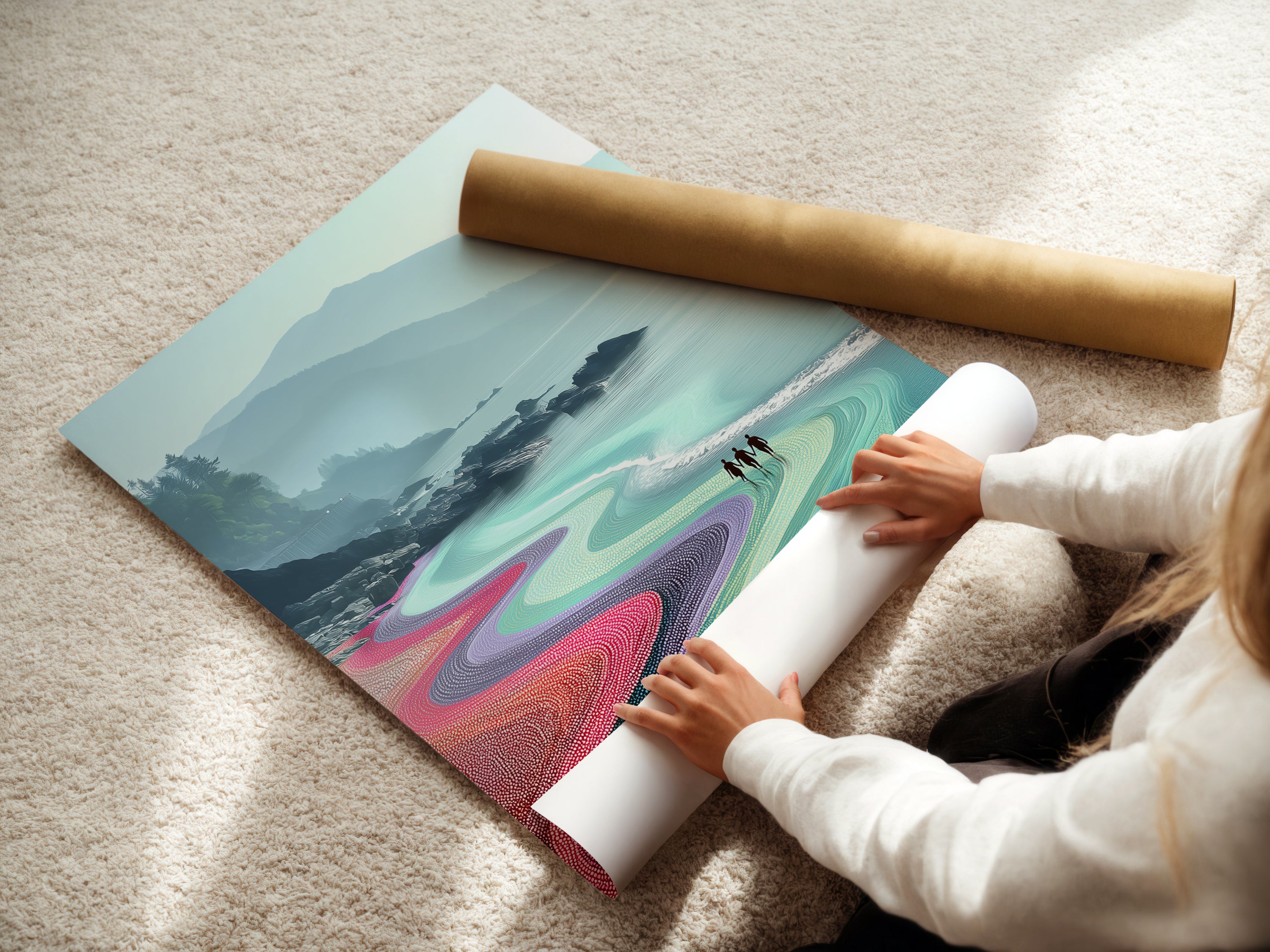 A woman carefully rolling a fine art poster paper. The paper showcases a coastal landscape artwork. The turquoise ocean wall art is ready to be framed. Perfect for modern seascape decor in bedrooms or living spaces. The artwork is ideal for ocean lovers.