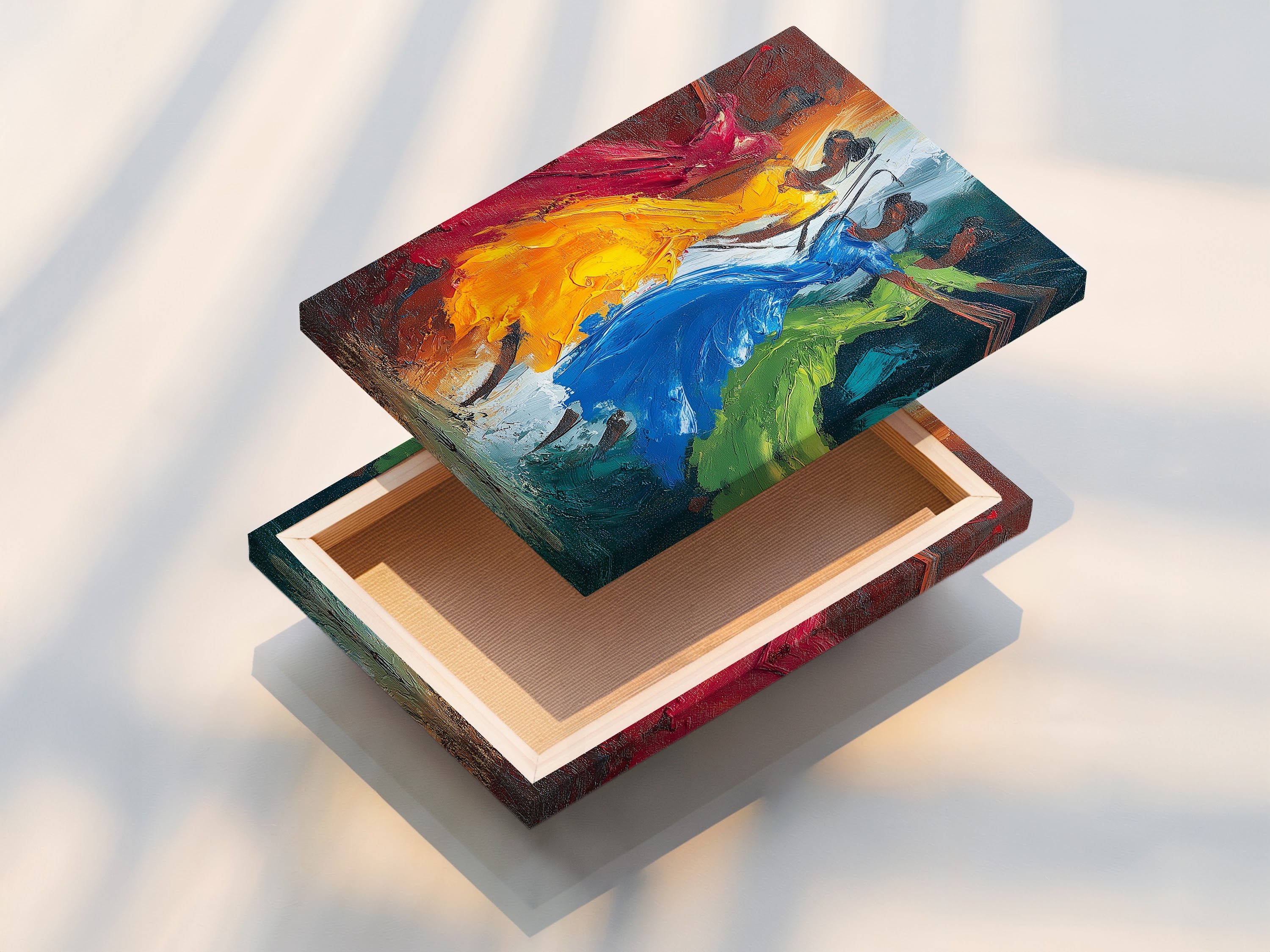 A stretched canvas print of the Dancing Figures artwork. This colorful abstract piece brings vibrant movement to any room. Perfect for homeowners and interior designers seeking modern wall decor solutions.