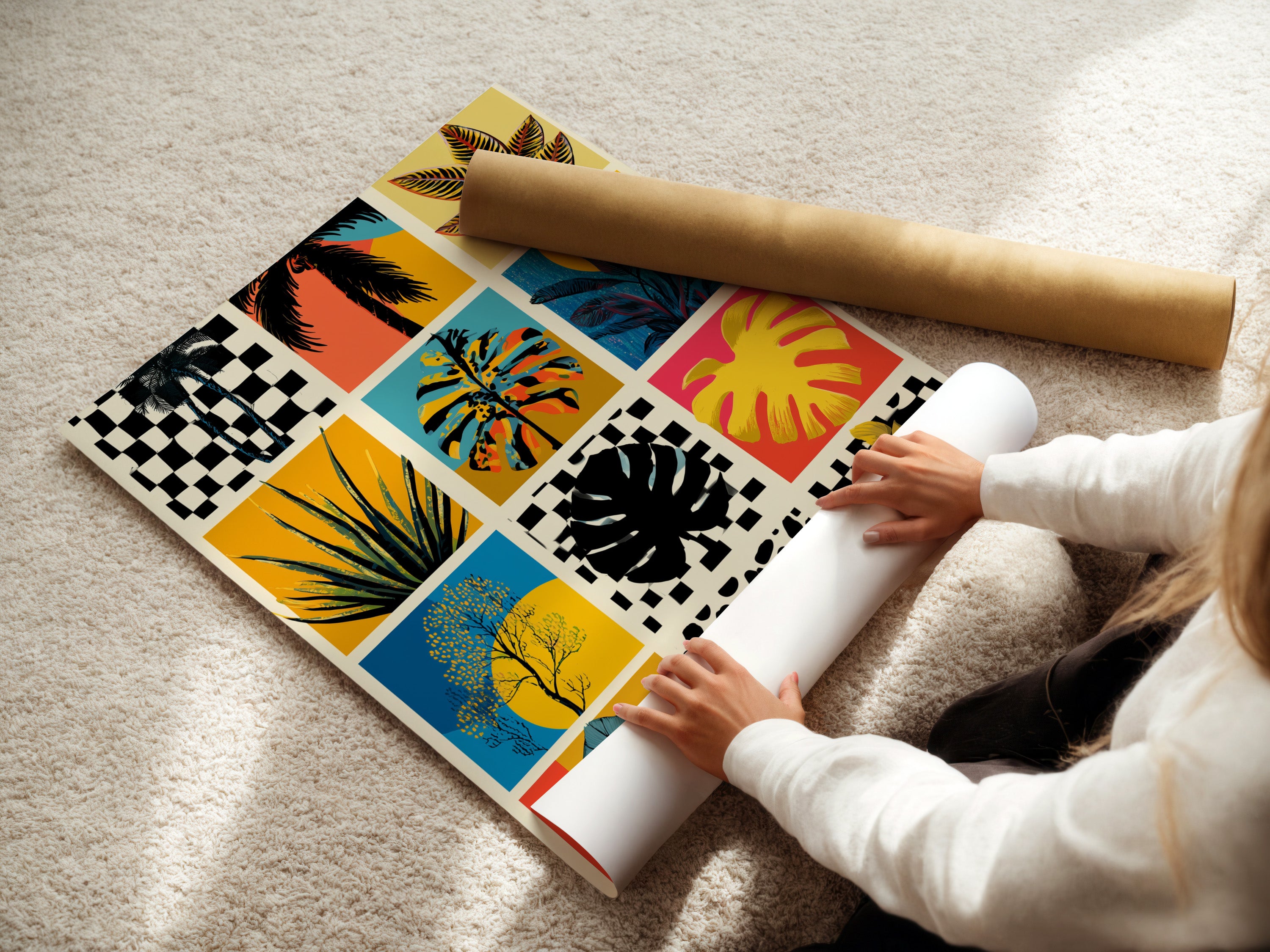 Woman rolling a fine art poster paper. The high-quality paper ensures the artwork looks crisp and vibrant. Perfect for framing or displaying as is. The poster paper captures every detail of the original artwork. A great way to bring fine art into your home.