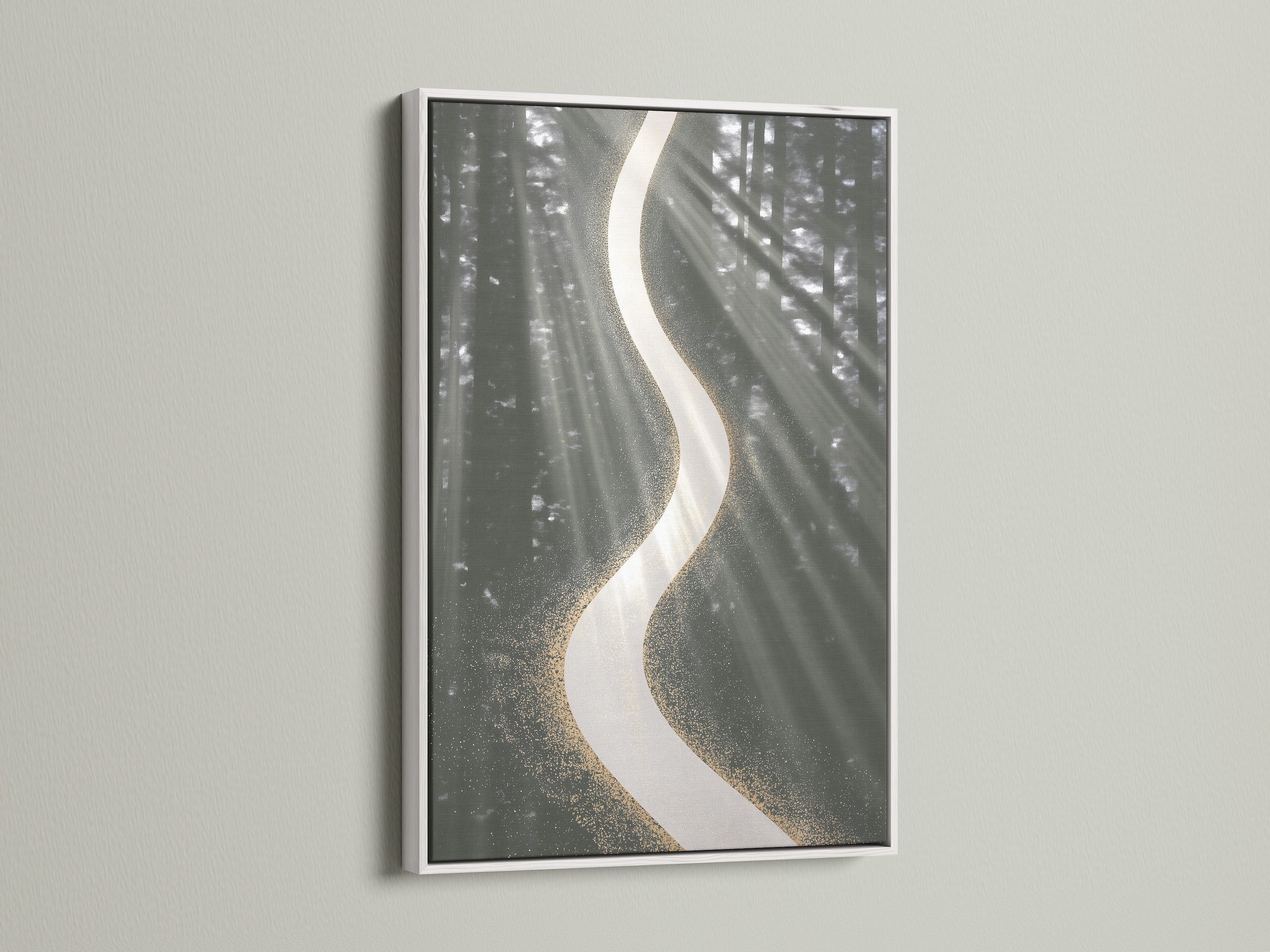 Add a sophisticated touch with abstract river art. The sage green wall art features a modern fluid art design. The artwork is framed in a clean white frame. Contemporary art perfect for any room. Minimalist Scandinavian or contemporary styles are complemented by this piece