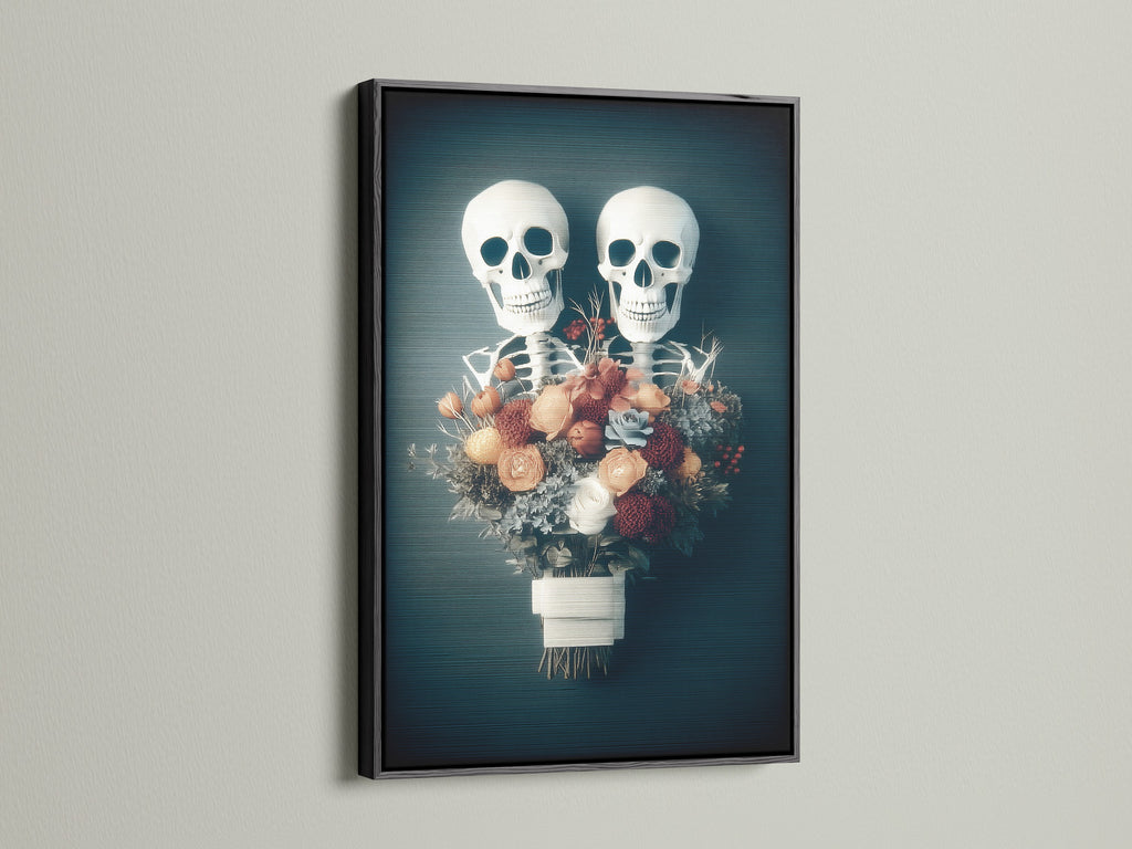 A floral skeleton artwork presented in a sleek black frame. This gothic wall art is perfect for adding a macabre touch to your space. The black frame enhances the dark academia aesthetic. Ideal for Halloween enthusiasts and collectors of skull artwork. This piece makes a bold statement.