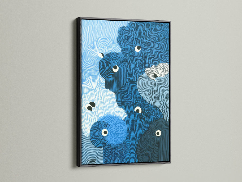 This abstract wave artwork is framed in a sleek black frame. This enhances the modern swirl art. The blue ocean print stands out against the dark frame. Perfect for creating a bold focal point. Elevate your bedroom decor with this striking nautical wall art.