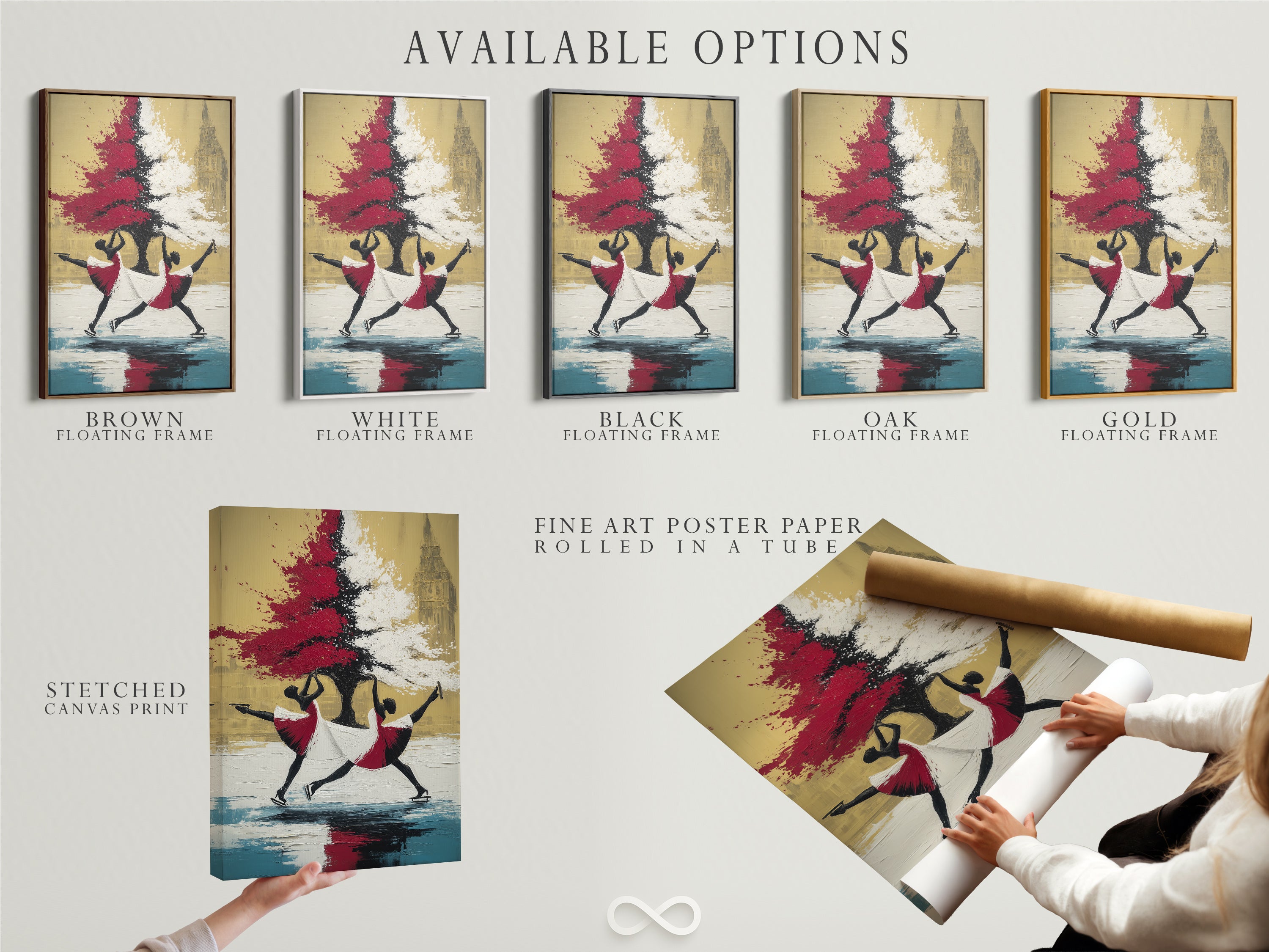 Available options for ballet dancers artwork. Choose from stretched canvas print fine art poster paper or a floating frame. Customize your art to fit your style. Select the perfect option for your wall decor needs. Enhance your space with personalized art.