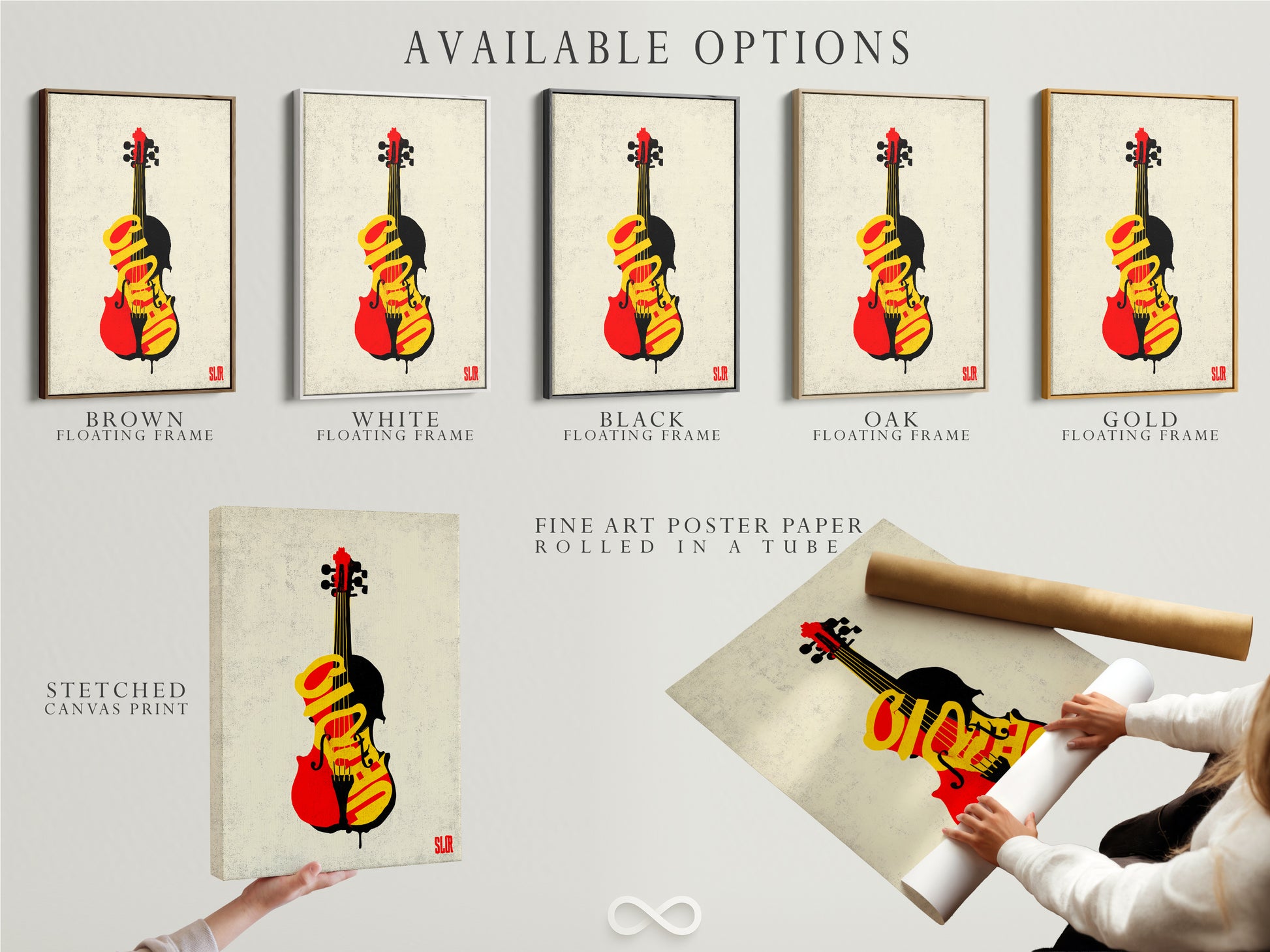 Discover available options for music artwork. Choose from a stretched canvas print. Consider fine art poster paper or a floating frame. Customize your violin graffiti art. Get the perfect piece for your decor.