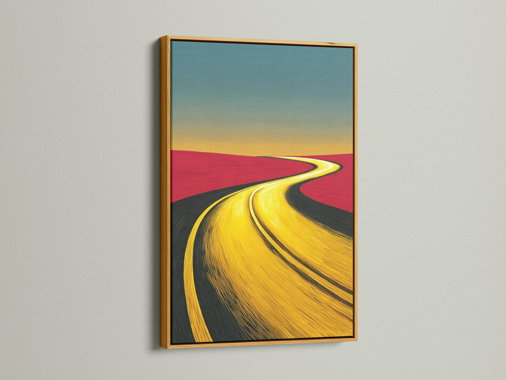 A desert road art print is elegantly displayed in a gold frame. The landscape canvas uses earth tones. This abstract wall art enriches office decor. The golden yellow road highlights a modern artwork style. It is ideal as a unique piece in travel-themed rooms. A scenic wall art option.