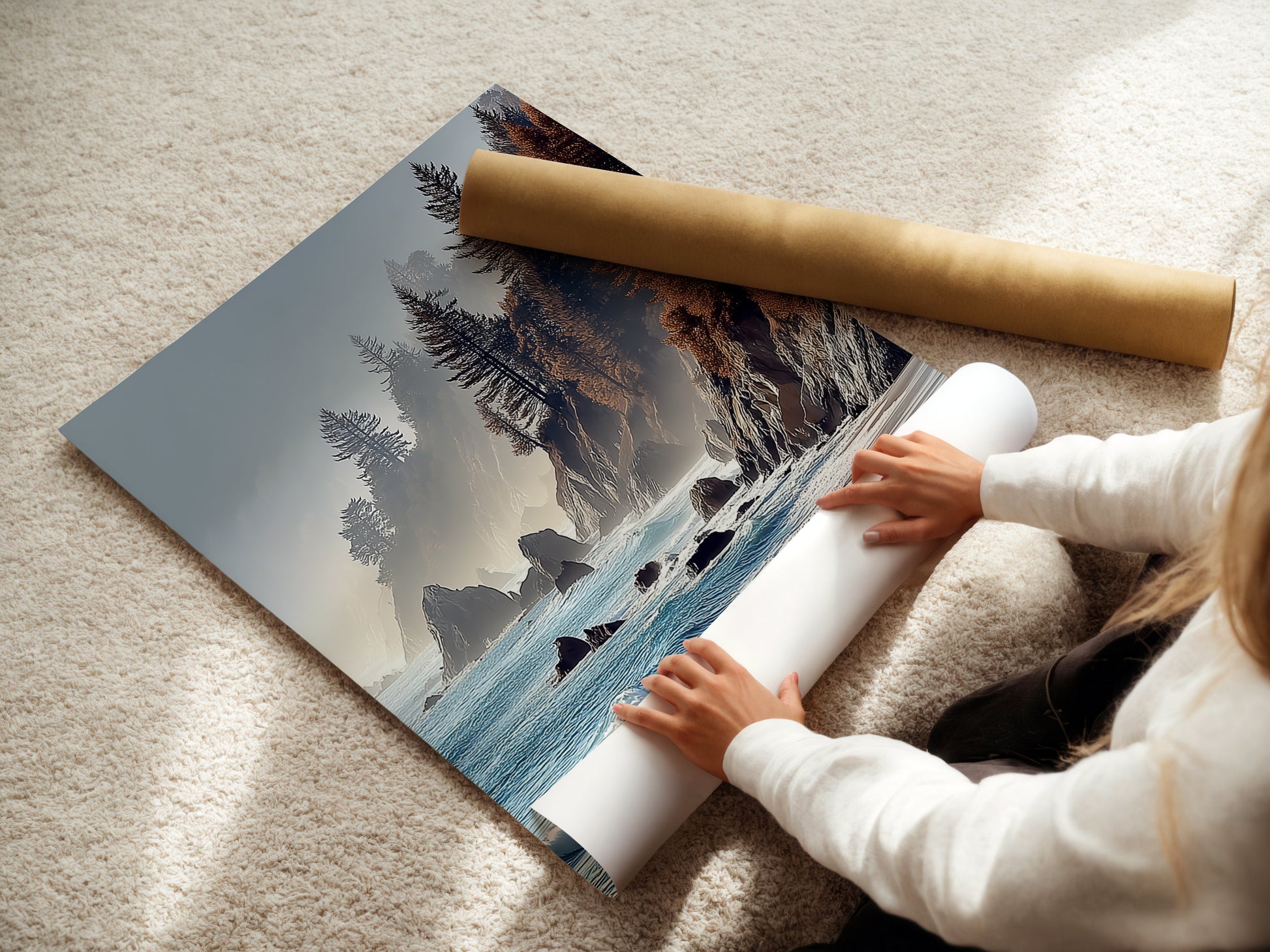A woman is carefully rolling a fine art poster paper of coastal scenery.  This high-quality poster paper ensures a vibrant and lasting print. Perfect for creating stunning wall art for any room.  Order your fine art poster paper today to bring the beauty of the coast into your home