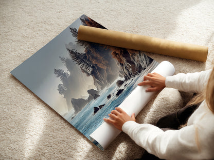A woman is carefully rolling a fine art poster paper of coastal scenery.  This high-quality poster paper ensures a vibrant and lasting print. Perfect for creating stunning wall art for any room.  Order your fine art poster paper today to bring the beauty of the coast into your home