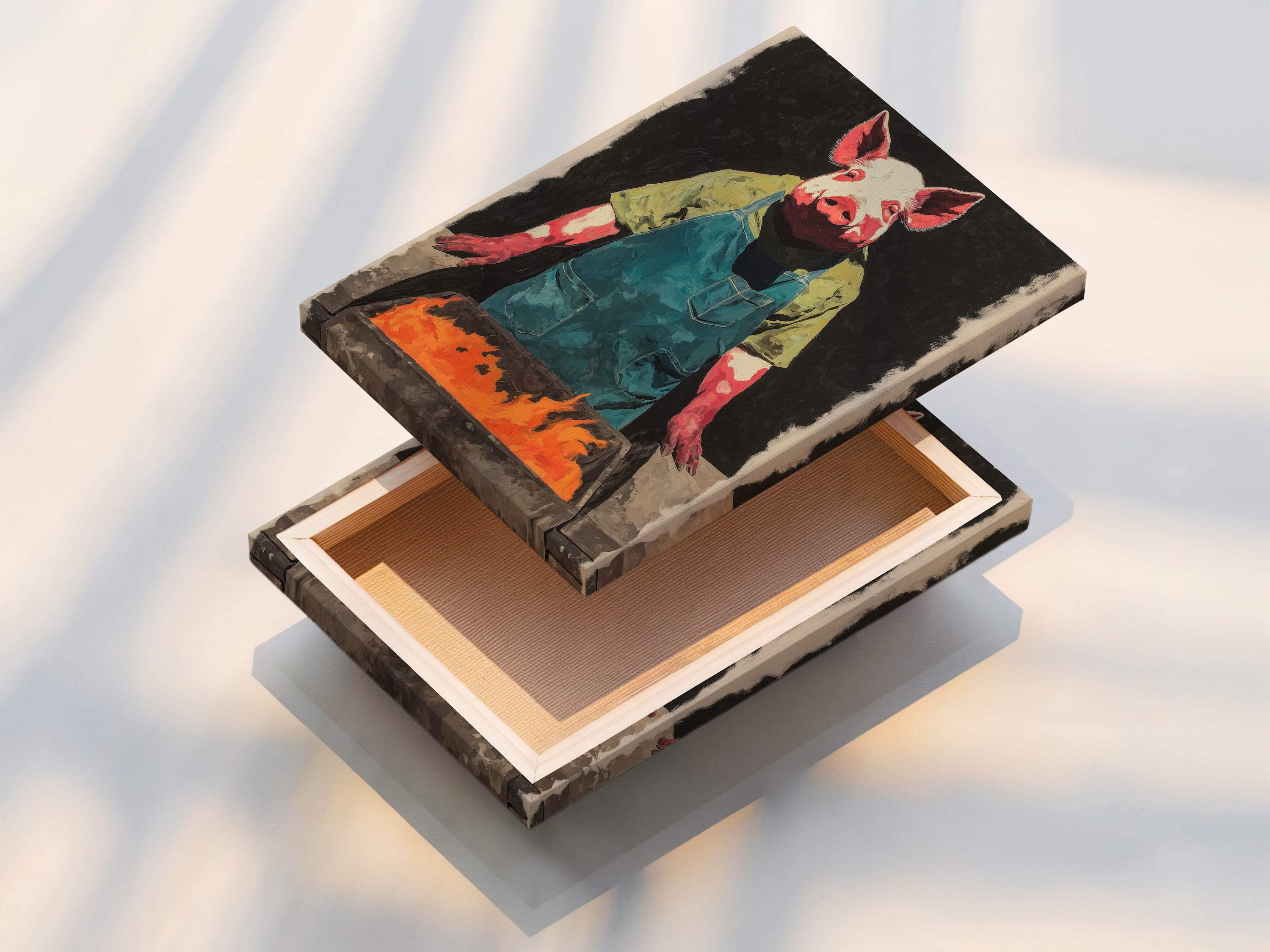 A stretched canvas print of the Pig Chef artwork is displayed. This funny farm art is ready to hang. The artwork features a pig chef tending a BBQ. The stretched canvas provides a gallery-ready look. It is perfect for adding character to any kitchen or dining room.