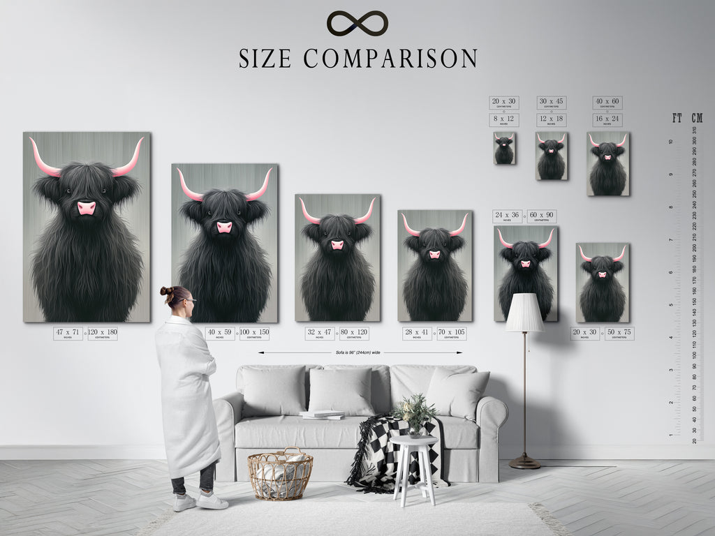 Size comparison chart in an interior setting. Visualize how the Highland Cow canvas print fits in your space. This helps you choose the perfect size for your wall. Available in various sizes to suit any room. Plan your wall art display with ease.