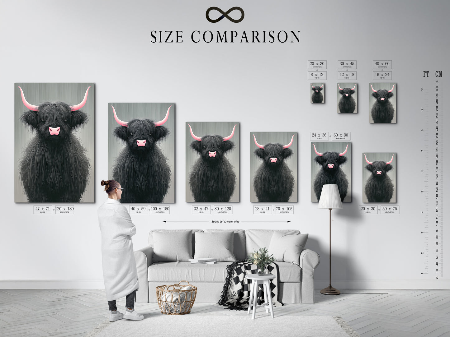 Size comparison chart in an interior setting. Visualize how the Highland Cow canvas print fits in your space. This helps you choose the perfect size for your wall. Available in various sizes to suit any room. Plan your wall art display with ease.