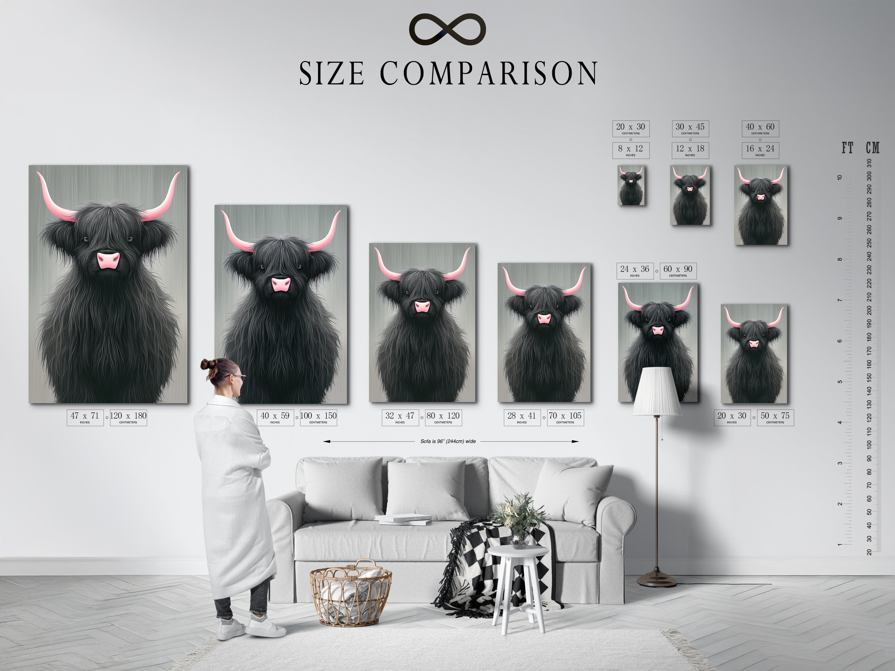 Size comparison chart in an interior setting. Visualize how the Highland Cow canvas print fits in your space. This helps you choose the perfect size for your wall. Available in various sizes to suit any room. Plan your wall art display with ease.