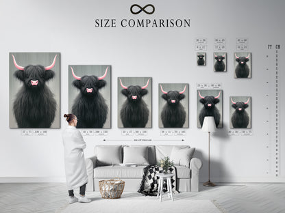 Size comparison chart in an interior setting. Visualize how the Highland Cow canvas print fits in your space. This helps you choose the perfect size for your wall. Available in various sizes to suit any room. Plan your wall art display with ease.