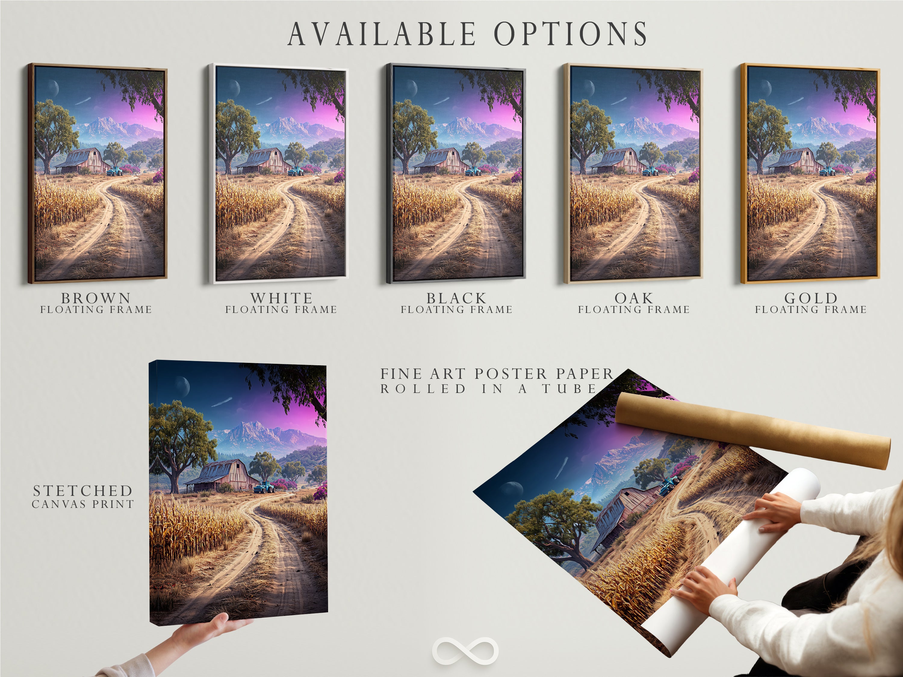 Available options for farm landscape artwork. Choose from a stretched canvas print. Opt for fine art poster paper. Consider a floating frame to enhance the rustic barn scene. Perfect for farmhouse decor. This countryside artwork will elevate any dining room or living room. Explore the options today