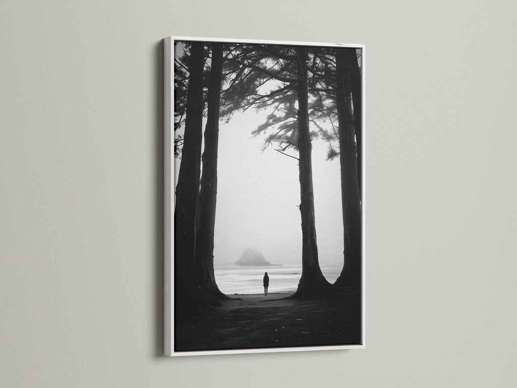Fine art print of a beach scene with a lone figure. This artwork is elegantly framed in white. The white frame offers a clean modern aesthetic. It complements the black and white art beautifully. View this white frame option.