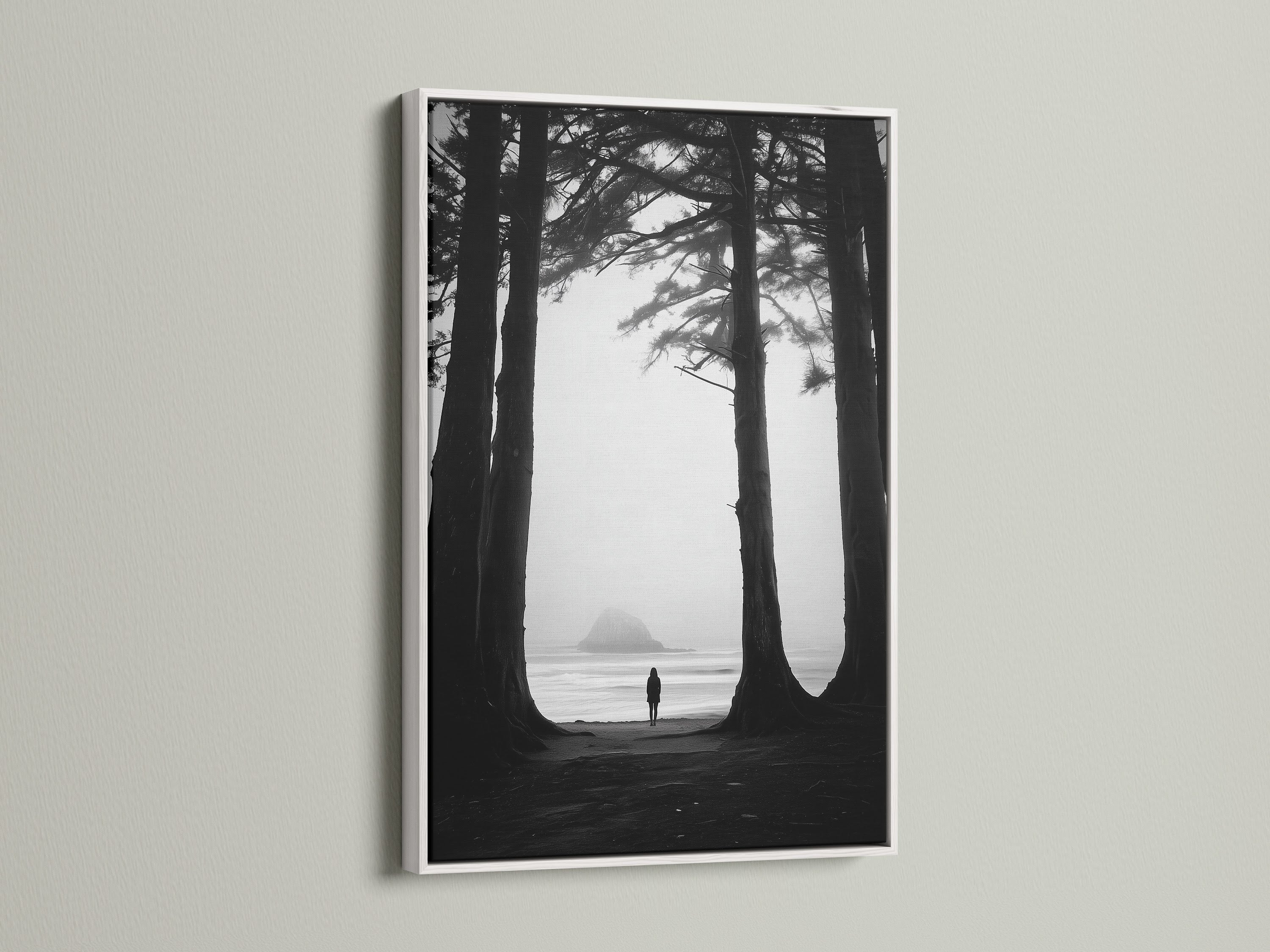 Fine art print of a beach scene with a lone figure. This artwork is elegantly framed in white. The white frame offers a clean modern aesthetic. It complements the black and white art beautifully. View this white frame option.