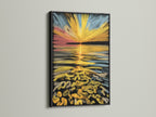 The abstract sunset artwork is presented in a sleek black frame. This modern piece is a striking addition to any room. It features golden ocean wave art. This canvas print is suitable for various interior styles. It is a refined artwork for coastal minimalist or contemporary spaces.