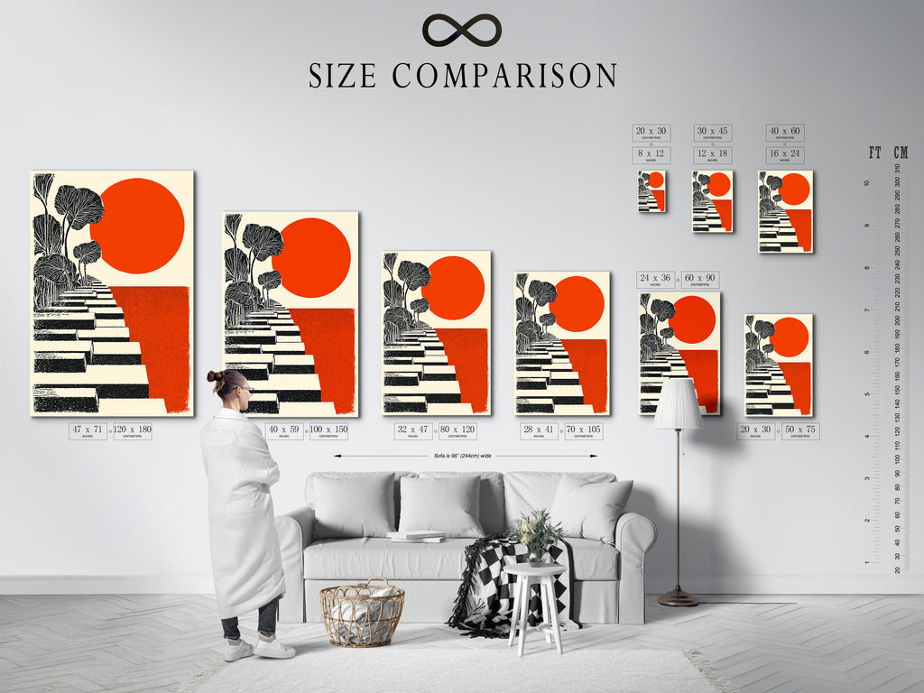 Size comparison chart showcasing the Botanical Stairway artwork in an interior setting. The orange sun art complements modern decor. Ideal for visualizing art in living rooms bedrooms or offices. This geometric print enhances minimalist scandi or contemporary spaces. The art is vibrant.