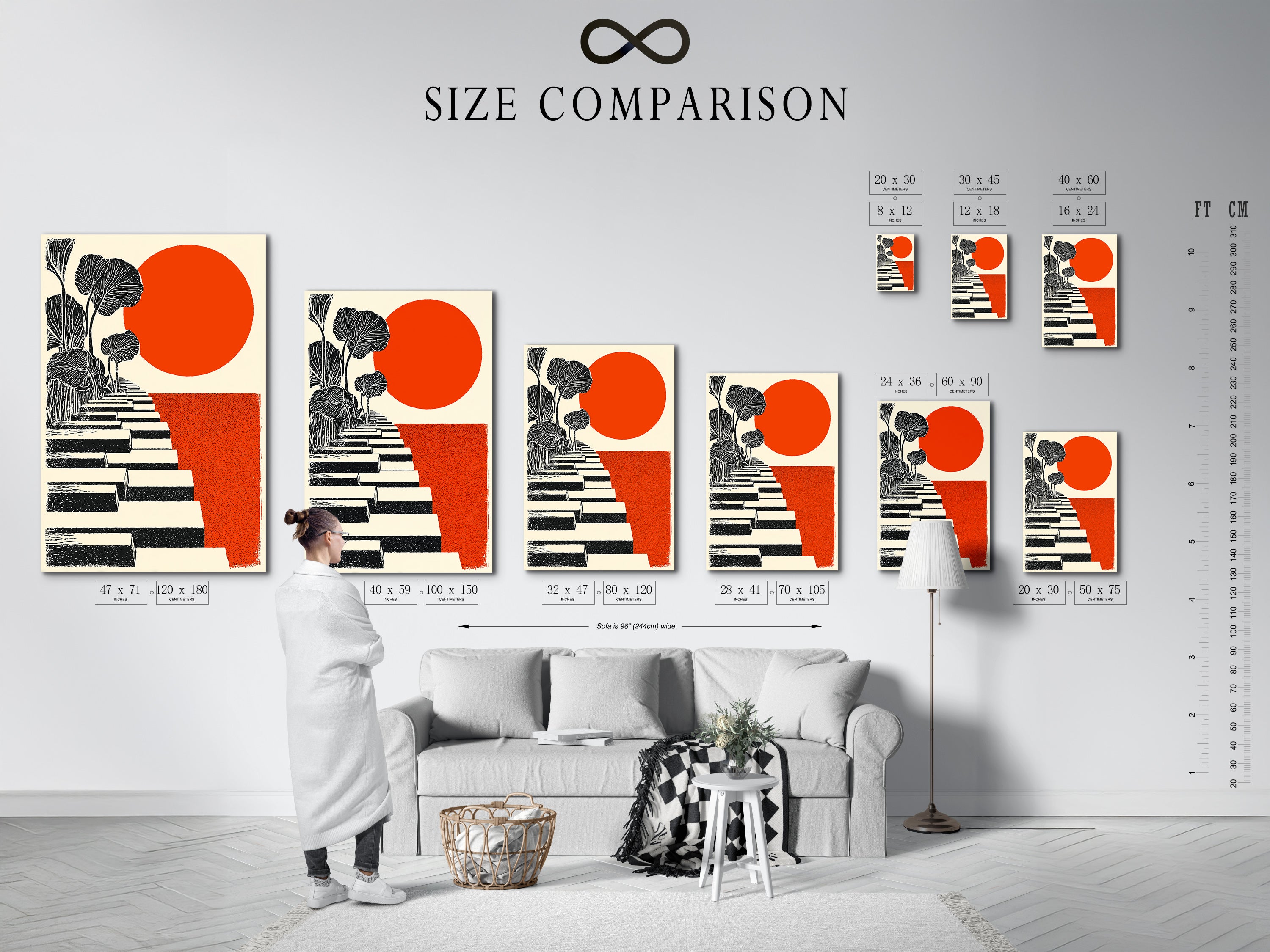 A size comparison chart in an interior setting featuring the Botanical Steps canvas print. The chart helps visualize the artwork's dimensions in different room settings. This modern plant artwork adds a touch of contemporary style to living rooms or offices. It complements minimalist decor.
