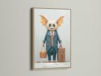 This is a monster travel art print displayed in a light oak frame. The artwork features a charming monster dressed in a suit ready for travel. It makes a unique addition to nurseries or playrooms. This whimsical art piece brings character to any space. Perfect as a gift for kids.