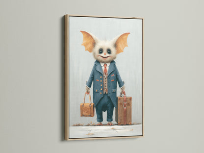 This is a monster travel art print displayed in a light oak frame. The artwork features a charming monster dressed in a suit ready for travel. It makes a unique addition to nurseries or playrooms. This whimsical art piece brings character to any space. Perfect as a gift for kids.