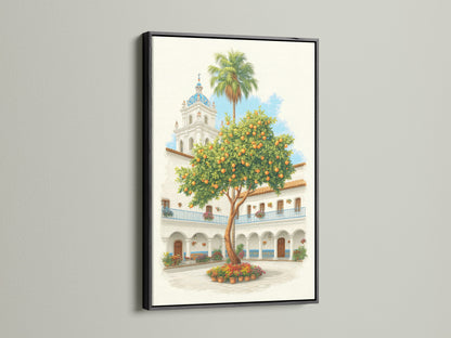 Spanish Courtyard artwork displayed in a black frame. The artwork features a white building with a blue dome and an orange tree. Black frame adds a touch of sophistication. Enhance your study room decor with this vintage travel inspired artwork.