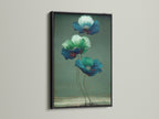 Check out floral canvas prints with a black frame. This botanical art adds a sophisticated touch. Appreciate the contrast of blue flower prints and green wall art. Ideal flower artwork for a striking wall decor.