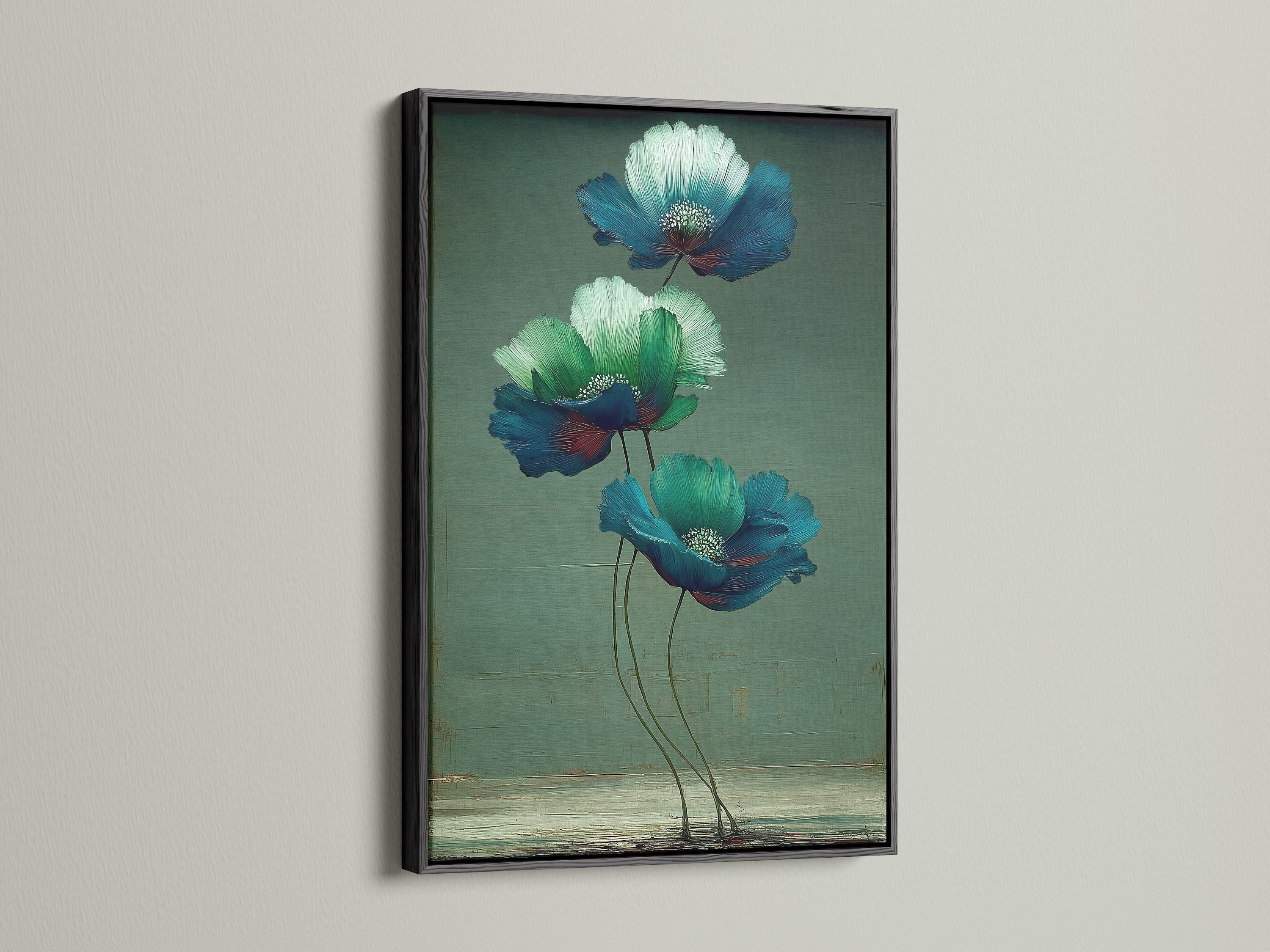 Check out floral canvas prints with a black frame. This botanical art adds a sophisticated touch. Appreciate the contrast of blue flower prints and green wall art. Ideal flower artwork for a striking wall decor.
