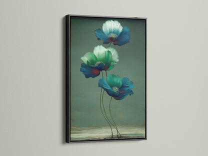 Check out floral canvas prints with a black frame. This botanical art adds a sophisticated touch. Appreciate the contrast of blue flower prints and green wall art. Ideal flower artwork for a striking wall decor.