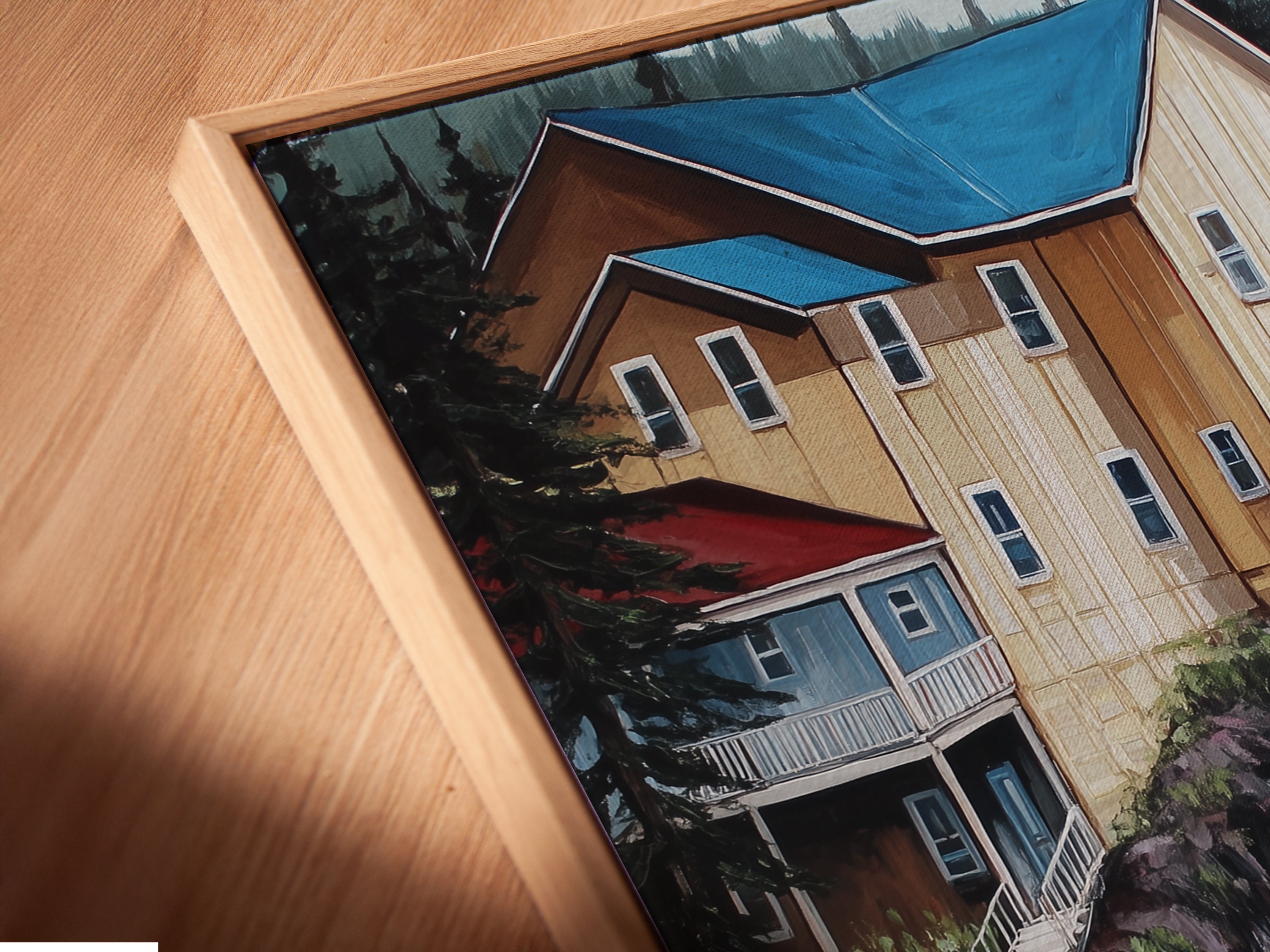 Close-up of a canvas print in a floating frame. This coastal artwork enhances any space. The floating frame adds a modern touch. Perfect for beach house decor or nautical wall art. The canvas print brings the ocean view to life. A beautiful addition to any art collection.