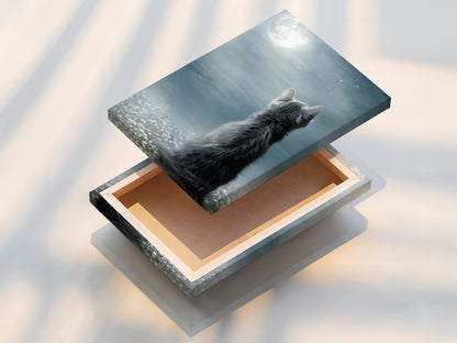 A stretched canvas print of the Cat Moon artwork is displayed. The stretched canvas print brings the celestial kitten to life. Add a touch of whimsy to your walls with this dreamy decor. This cat art is perfect for any room. Makes a great gift for pet lovers.