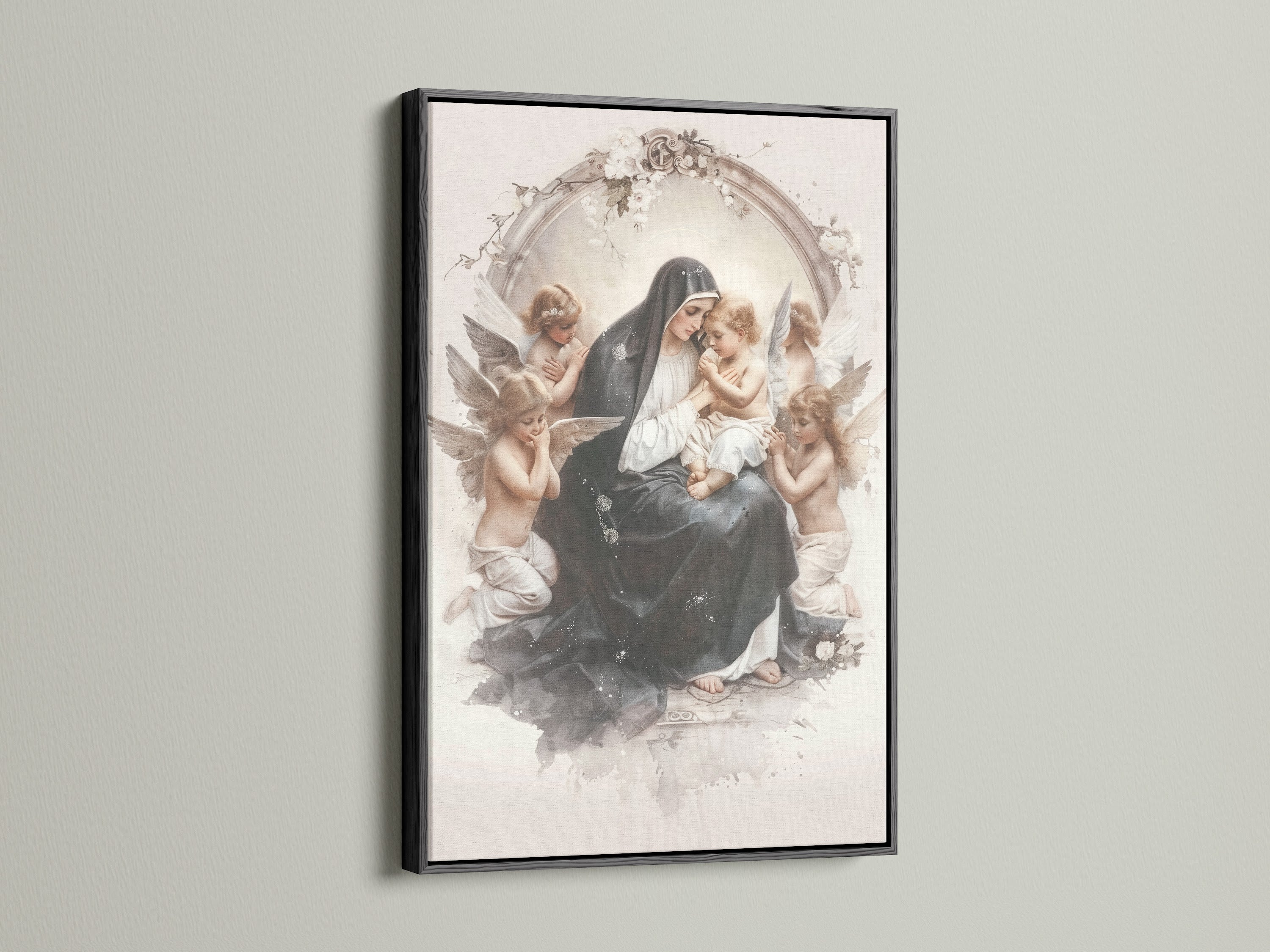 A framed artwork hangs on a white wall. The artwork depicts a woman and child surrounded by angels. The frame is black. The black frame provides a bold contrast. It can add sophistication to any artwork. This frame creates a focal point.