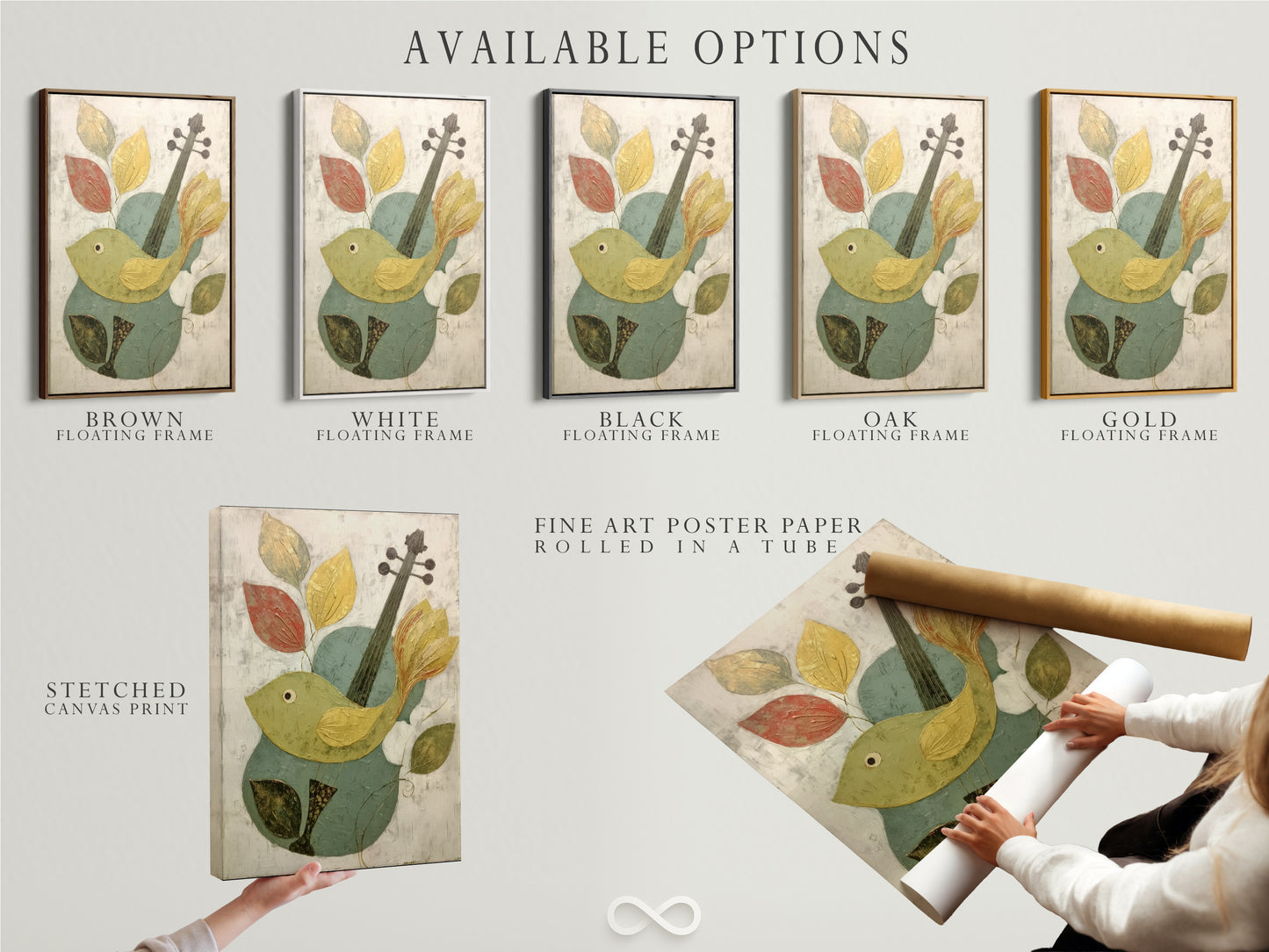 Available options for the Bird and Violin artwork are displayed. Choose between a stretched canvas print. Opt for fine art poster paper. Consider a stylish floating frame. Customize your artwork to match your style. Discover the possibilities.