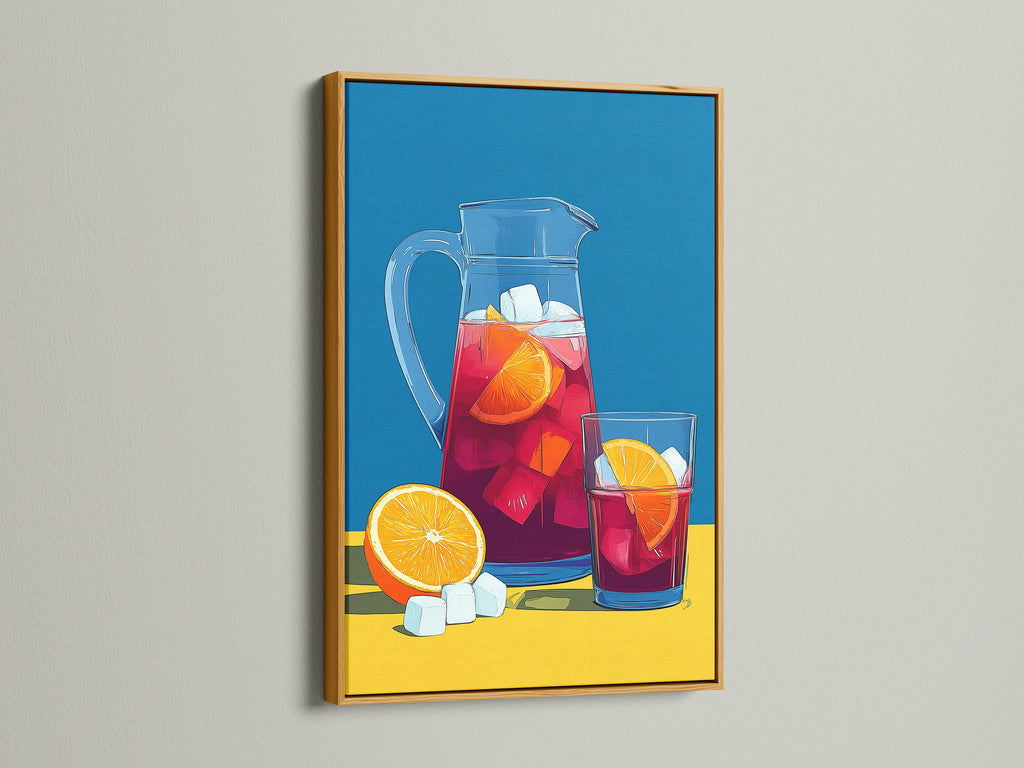 Sangria Pitcher artwork in a gold frame. The gold frame adds a touch of elegance. This art is perfect for colorful food art collections. It is a great choice for restaurant wall art. The primary color is orange with yellow accents.
