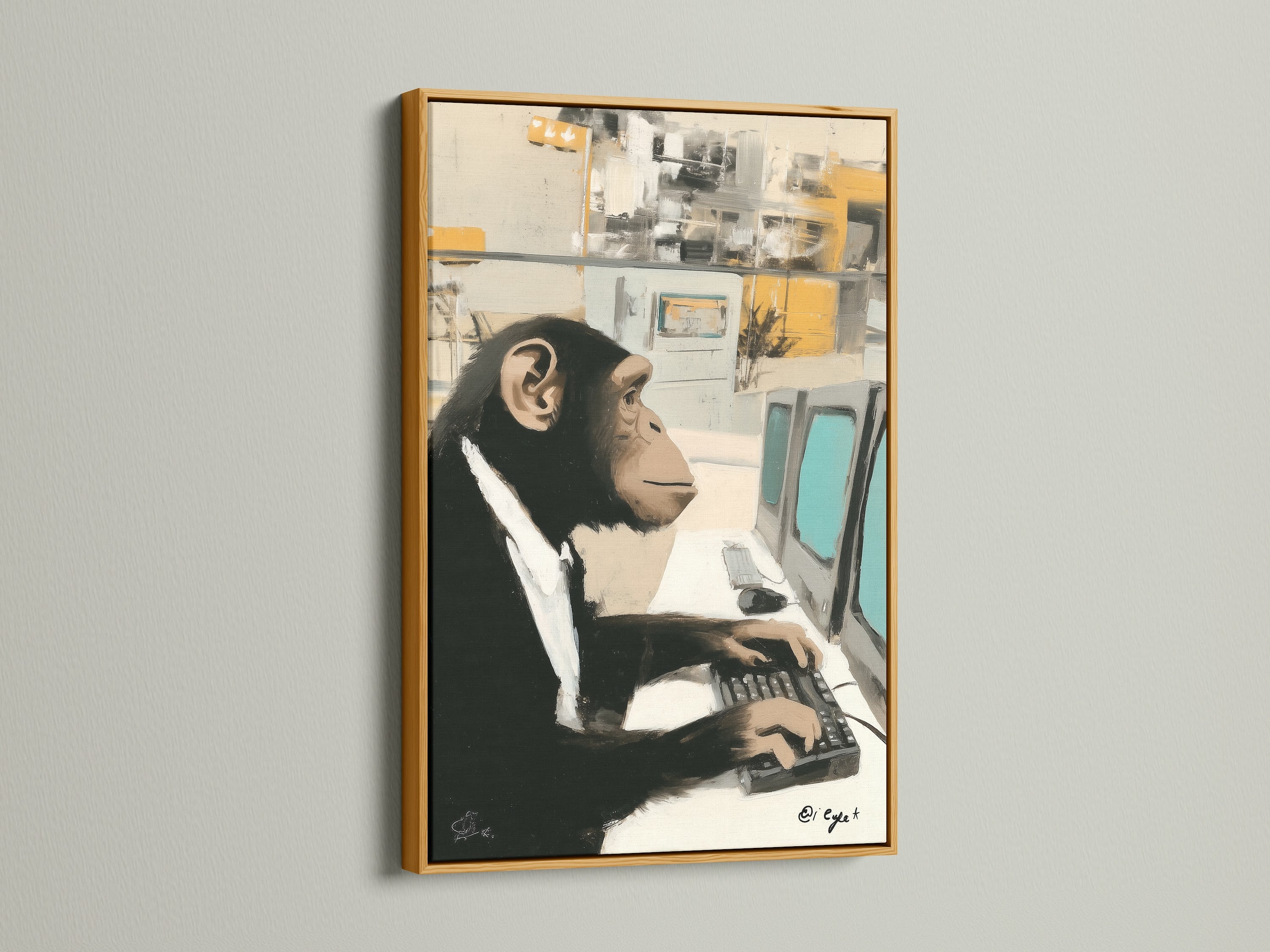 A Monkey Office Art Print shines in a gold frame. It hangs on a white wall. The artwork features a chimpanzee in a business suit at a computer. This gold frame adds a touch of luxury to the funny animal artwork. This modern office art elevates the space. It also shows off your unique style.