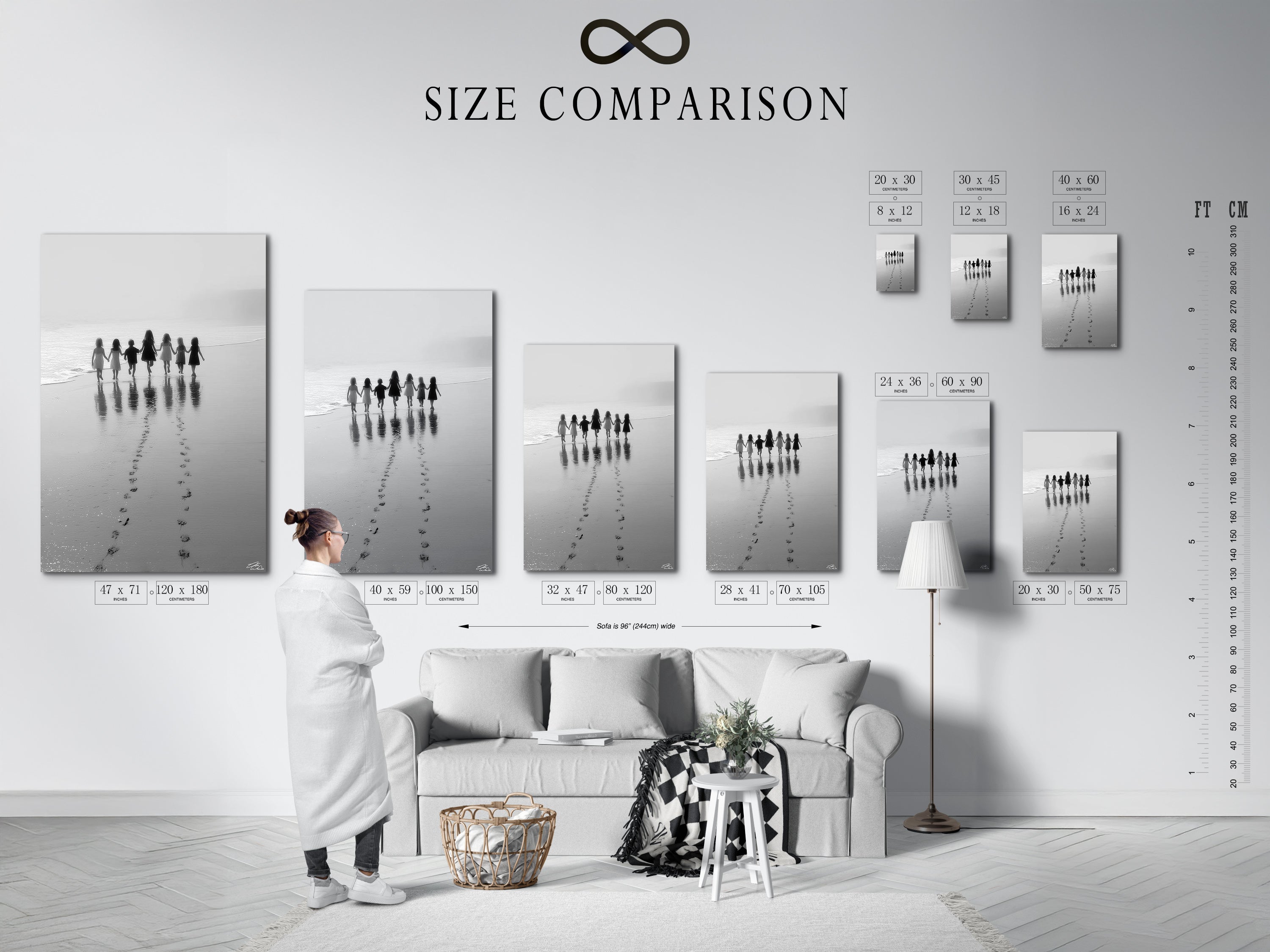 A size comparison chart displays Beach Walk in various settings. See how this black and white seascape photography fits your space. Ideal for nursery decor or a family photo gallery. Discover minimalist art options today.