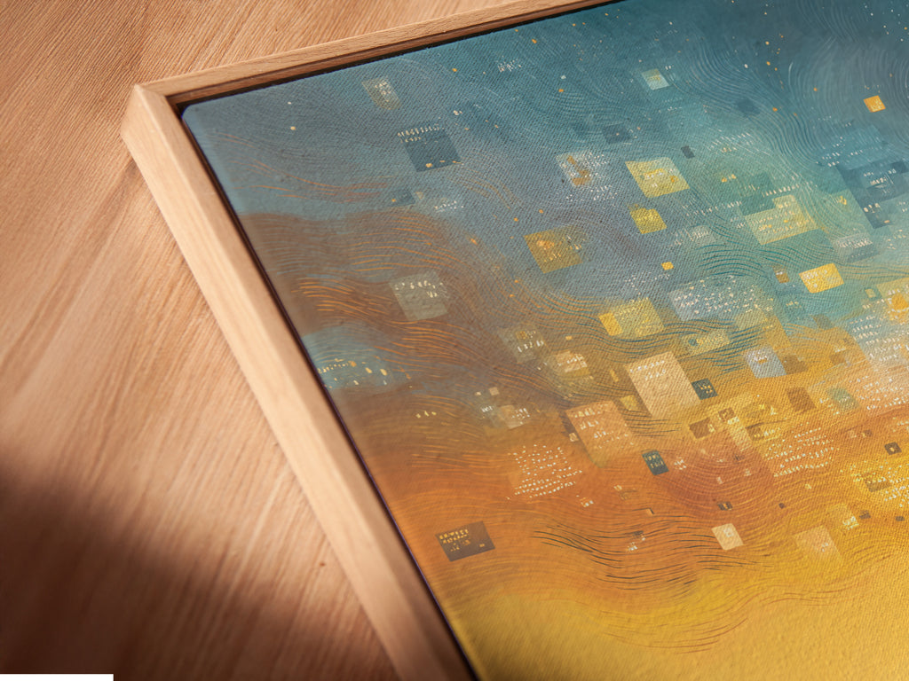 A close-up angled view of a canvas print in a floating frame. The artwork is the Surreal Journey.  A figure is seen on a path. The floating frame gives a contemporary look.  It is an ideal choice for elevated modern wall art and contemporary wall decor.