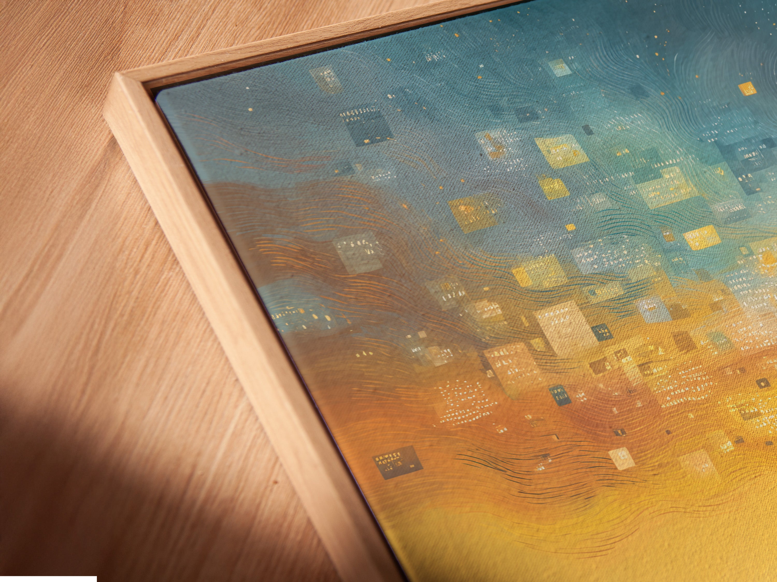 A close-up angled view of a canvas print in a floating frame. The artwork is the Surreal Journey.  A figure is seen on a path. The floating frame gives a contemporary look.  It is an ideal choice for elevated modern wall art and contemporary wall decor.