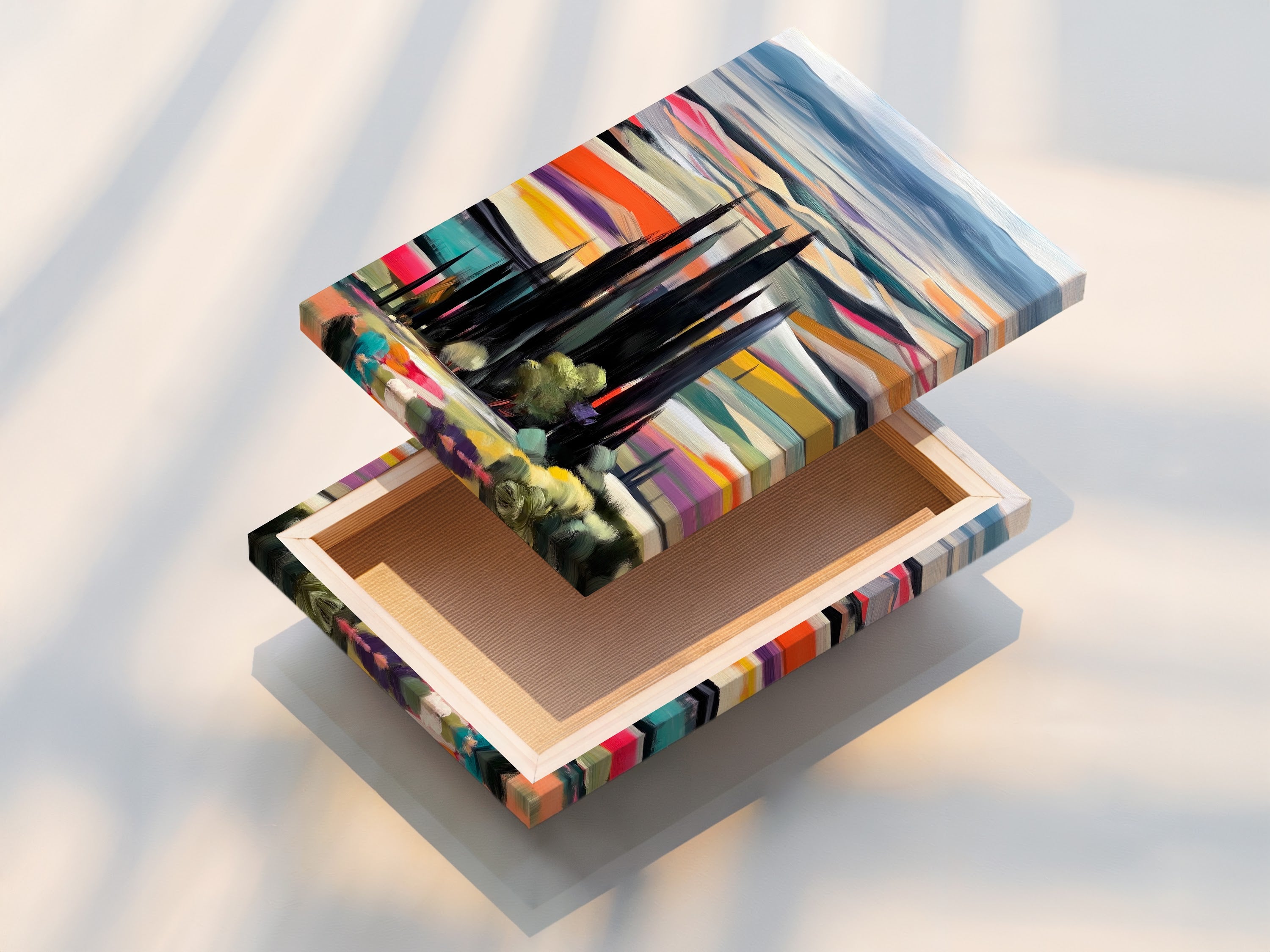 A stretched canvas print of the Tuscan Landscape artwork. This piece features cypress trees and a colorful Italian countryside. The stretched canvas print is ready to hang. Ideal for adding a touch of modern sophistication to any room. Transform your space with this beautiful landscape artwork.