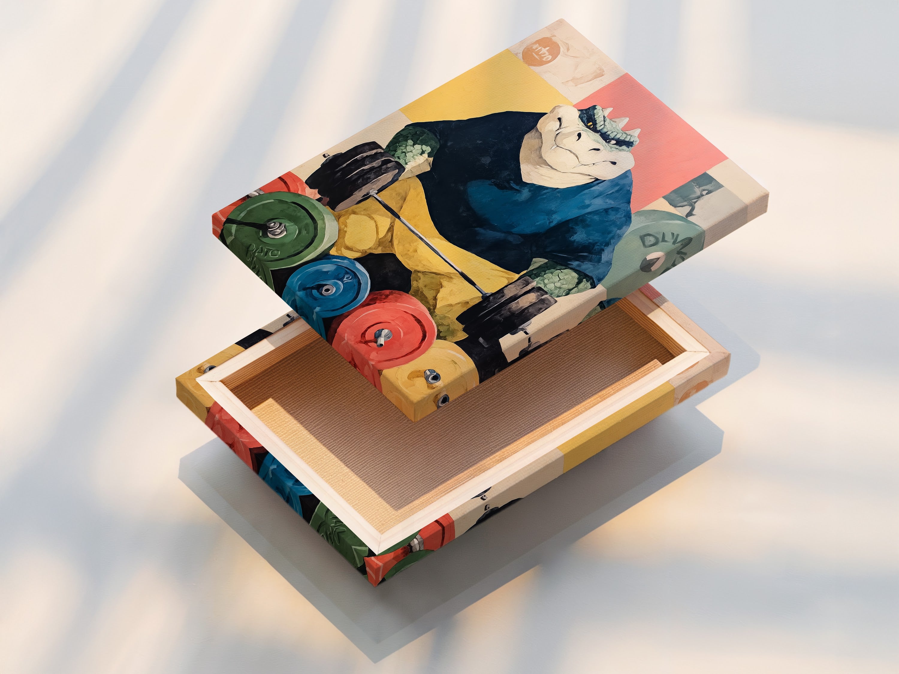 A stretched canvas print of the Weightlifting Gator artwork. This gym decor is ideal for fitness centers. The funny reptile art is a great conversation starter. Perfect for workout room decor.