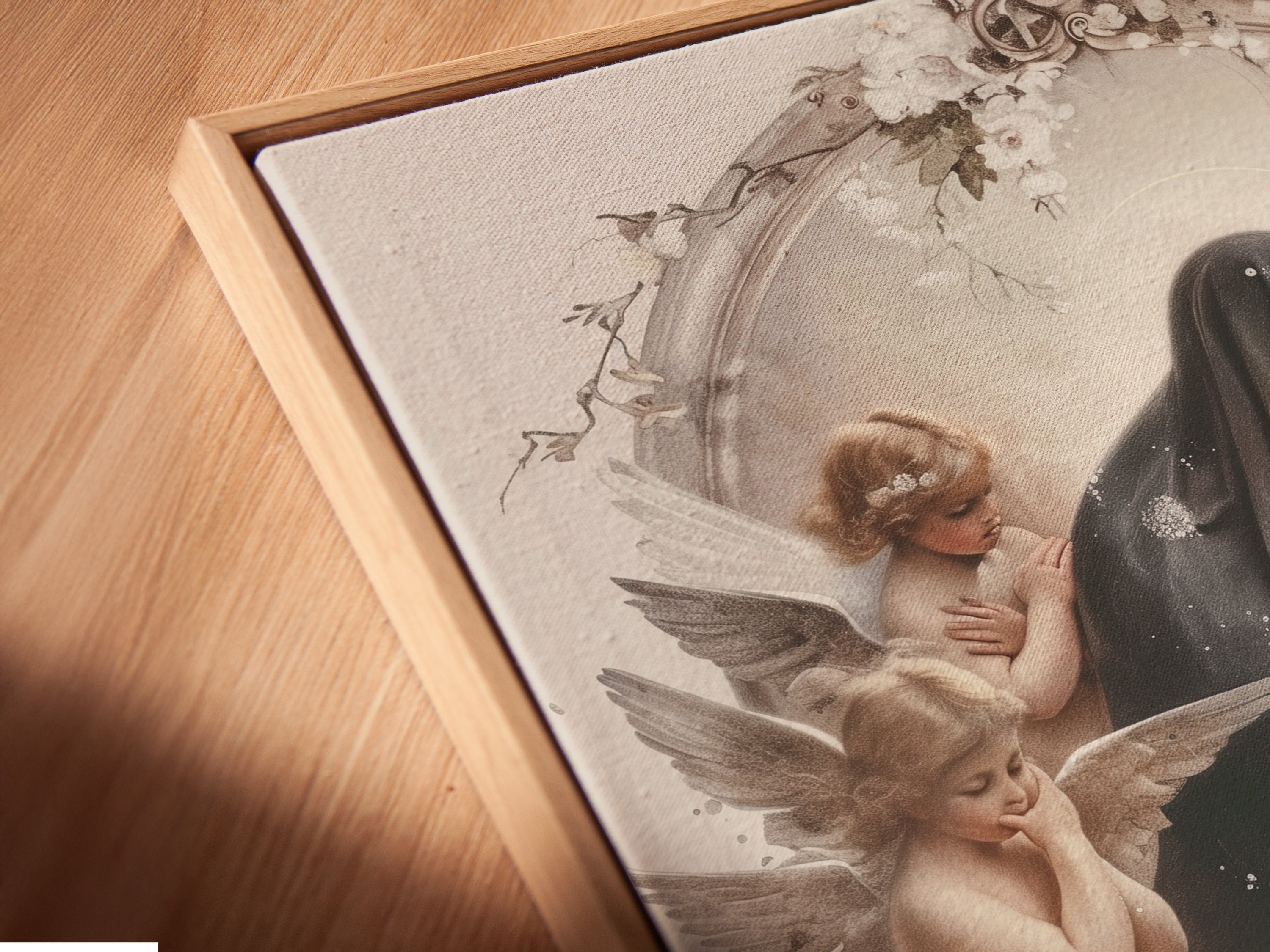 A close-up angled view shows a canvas print. The canvas print is in a floating frame. The floating frame gives a modern gallery look. It enhances the depth of the artwork. This is a stylish way to display art.