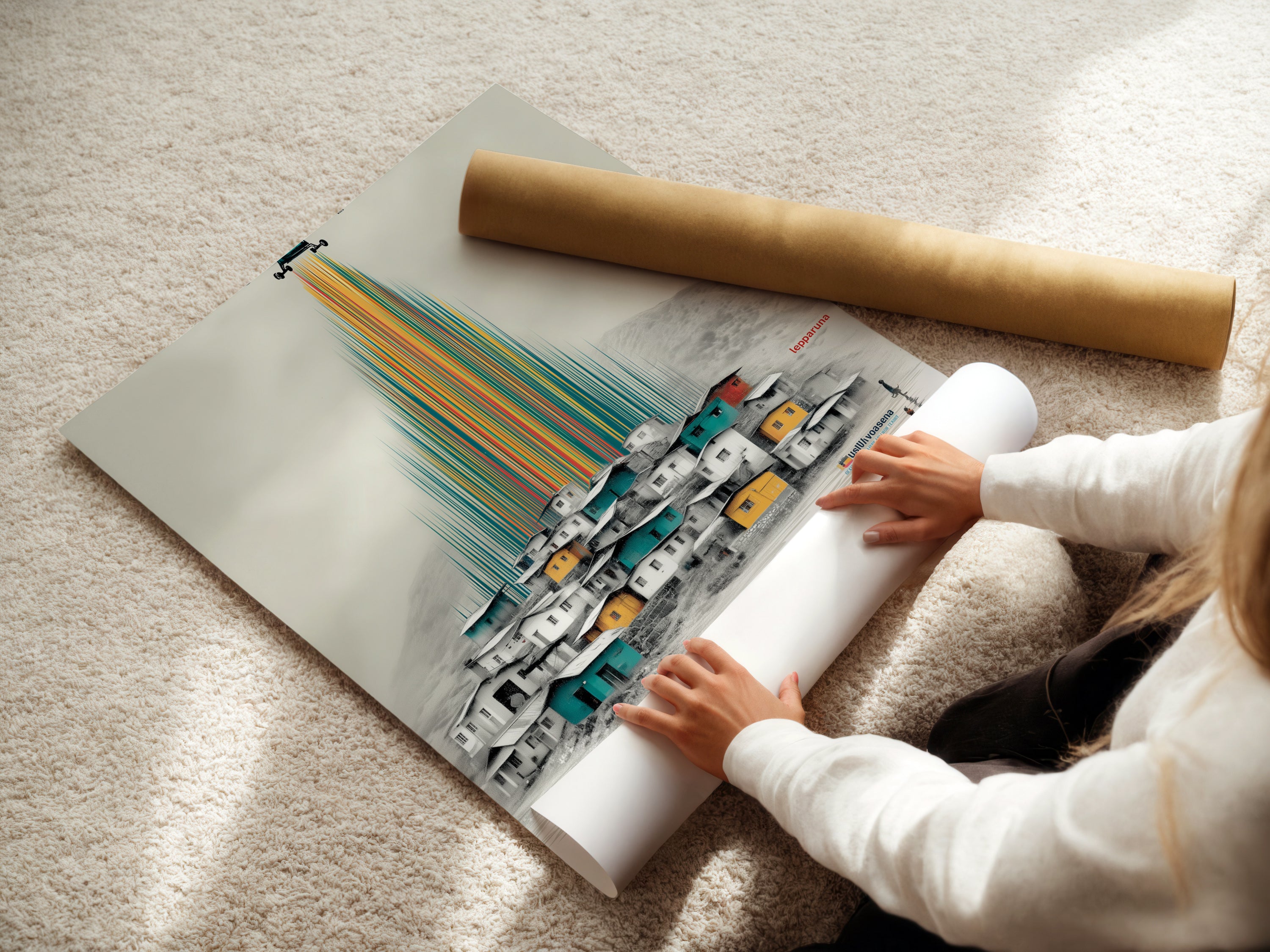 A woman is carefully rolling a fine art poster paper print of the global children canvas artwork. The artwork features a colorful village scene. Children are walking towards the village. This fine art poster is perfect for kids room decor.